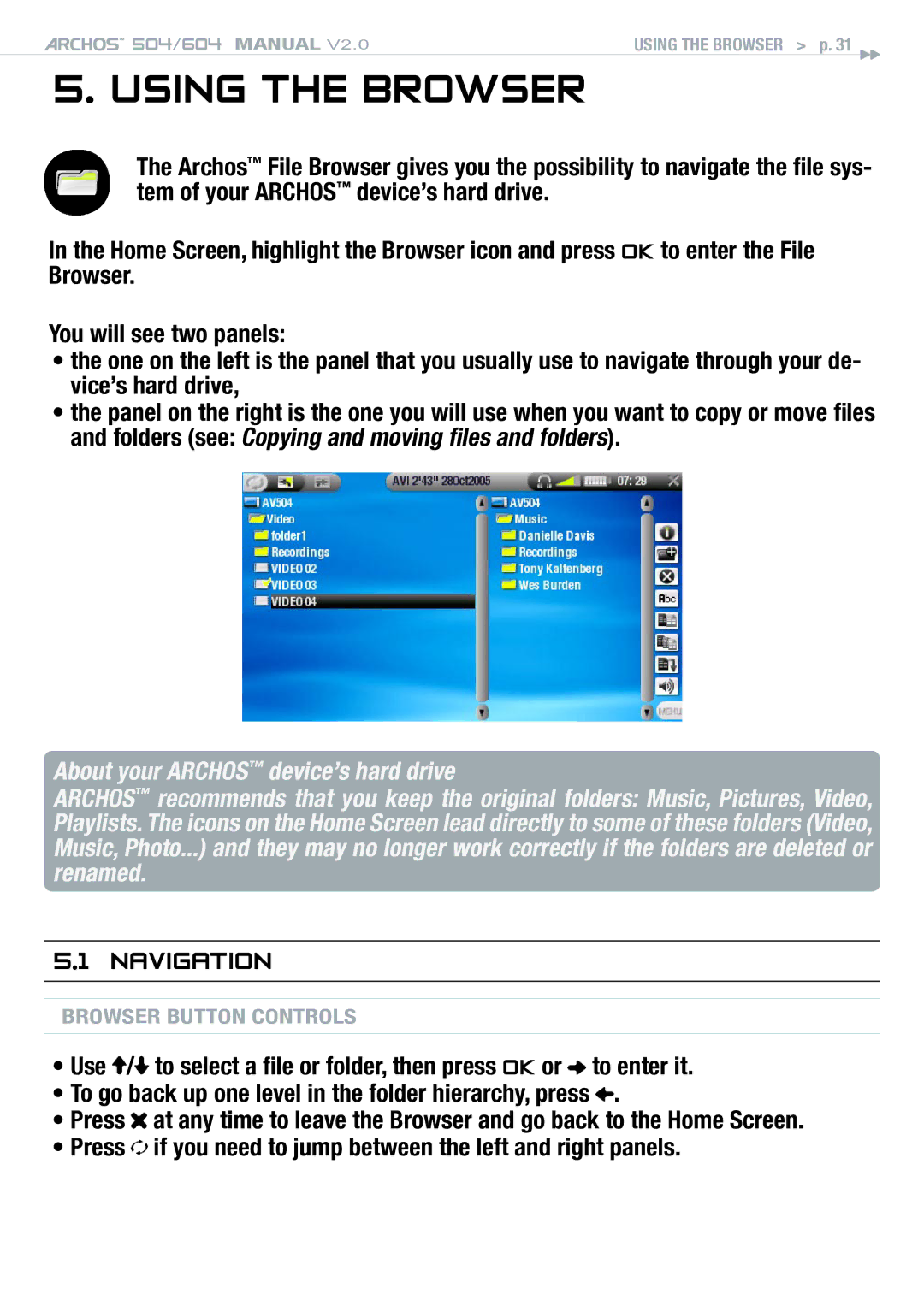 Archos 504 user manual Using the Browser, Navigation, Press if you need to jump between the left and right panels 