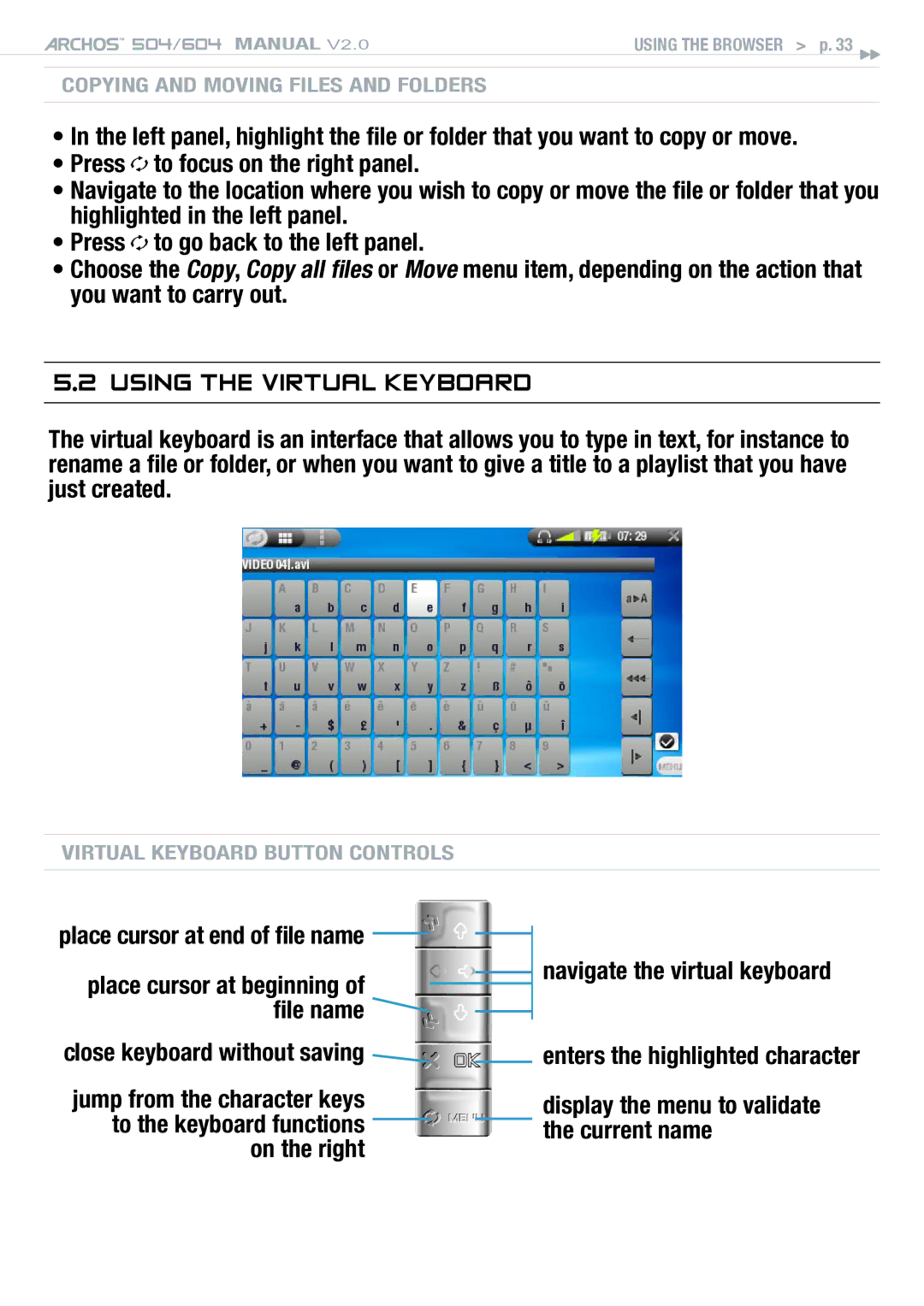 Archos 504 user manual Using the Virtual Keyboard 