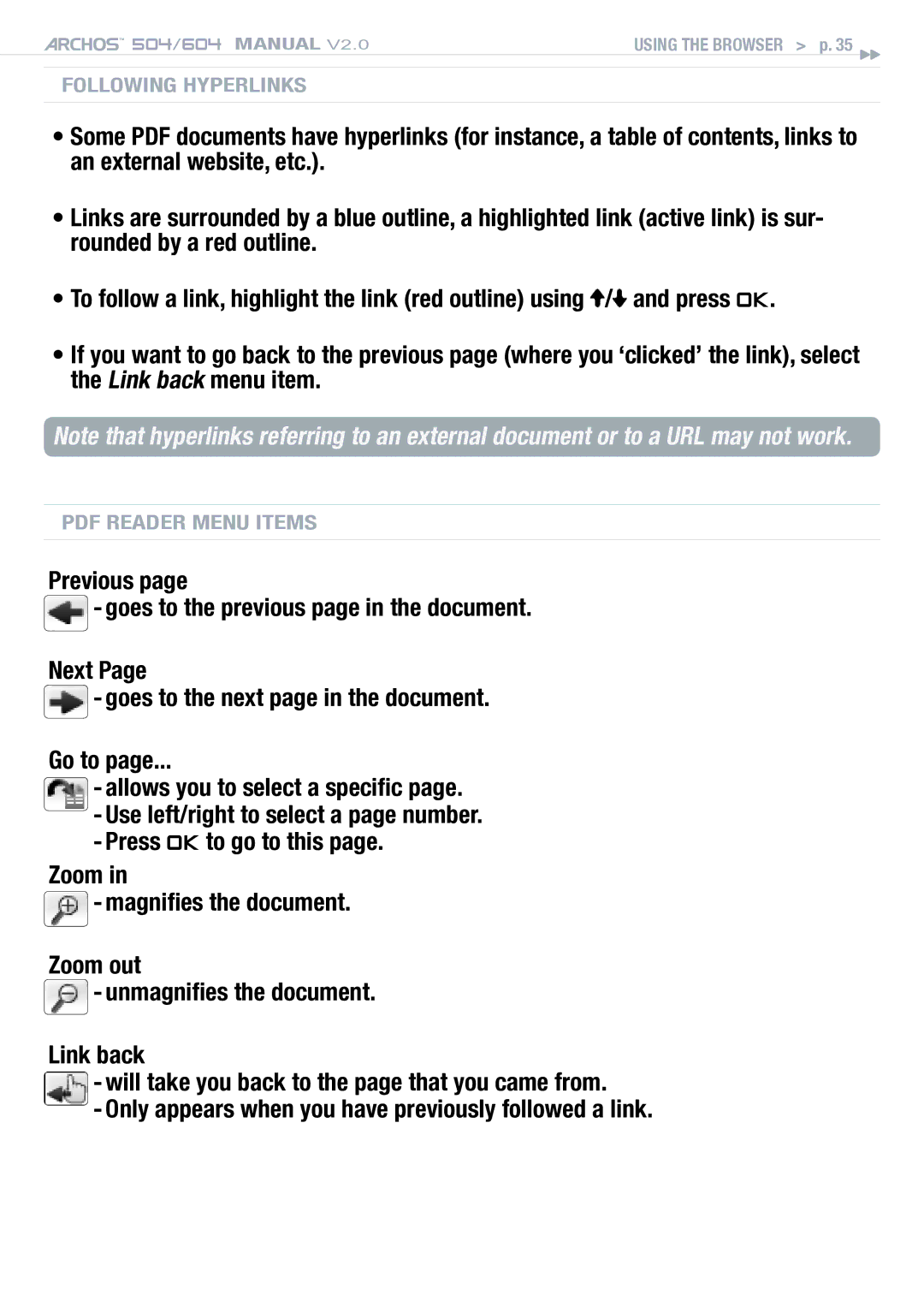 Archos 504 user manual Following Hyperlinks 