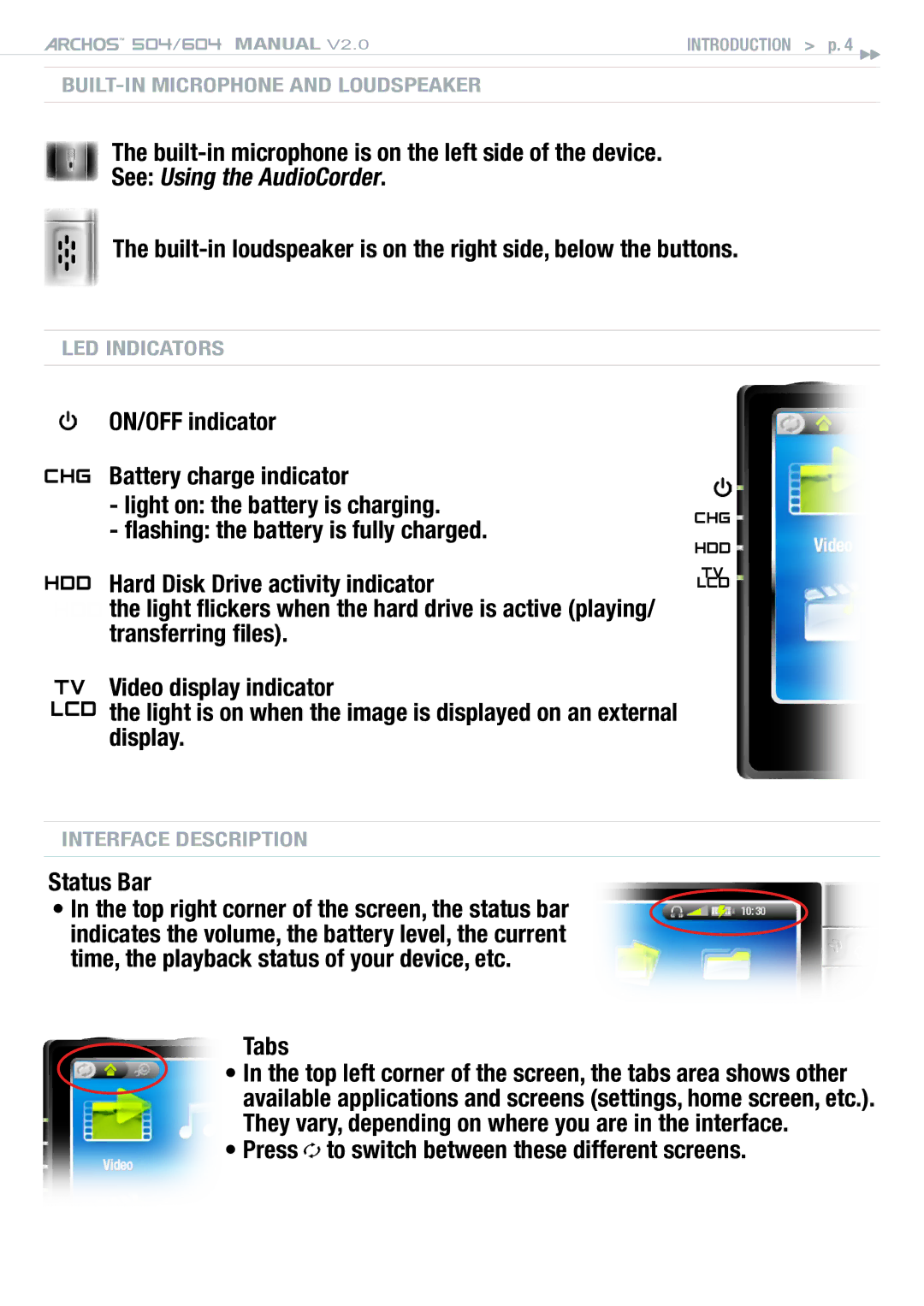 Archos 504 user manual Built-in microphone is on the left side of the device, See Using the AudioCorder, Status Bar, Tabs 