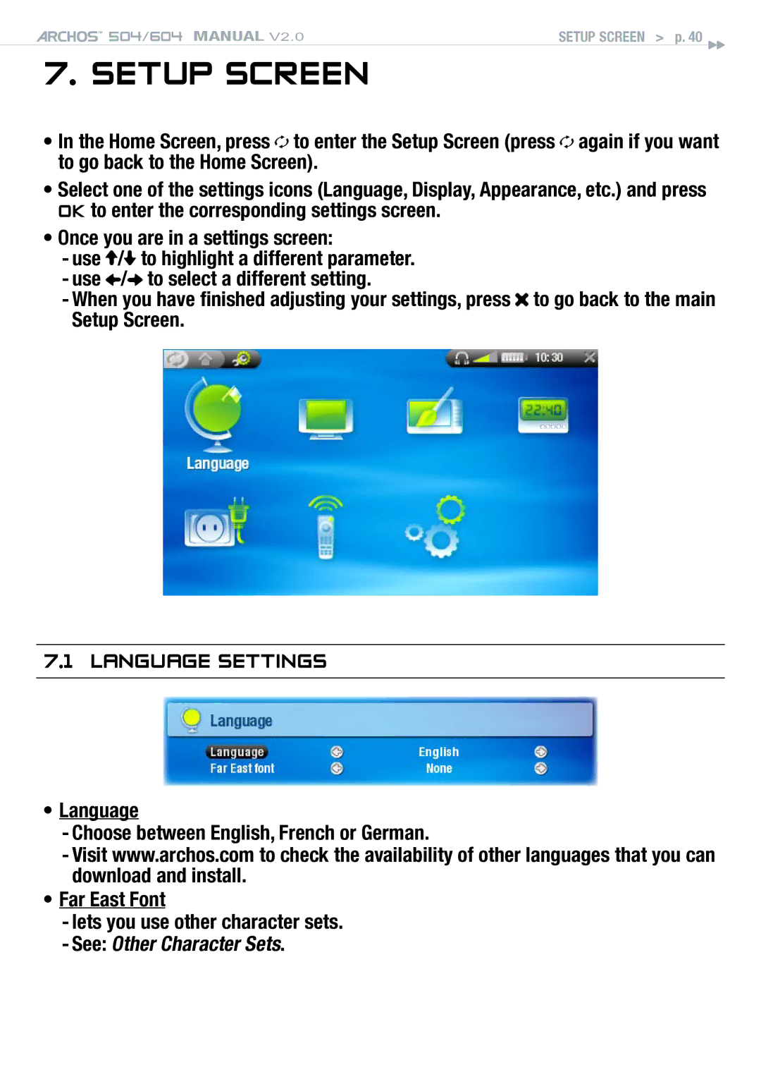 Archos 504 user manual Setup screen, Language Settings, See Other Character Sets 