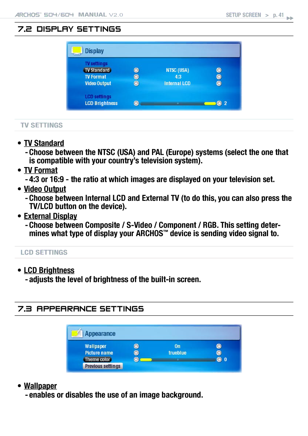 Archos 504 user manual Display Settings, Appearance settings, TV Standard, TV Format 