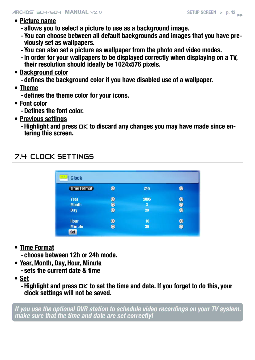 Archos 504 user manual Clock Settings 