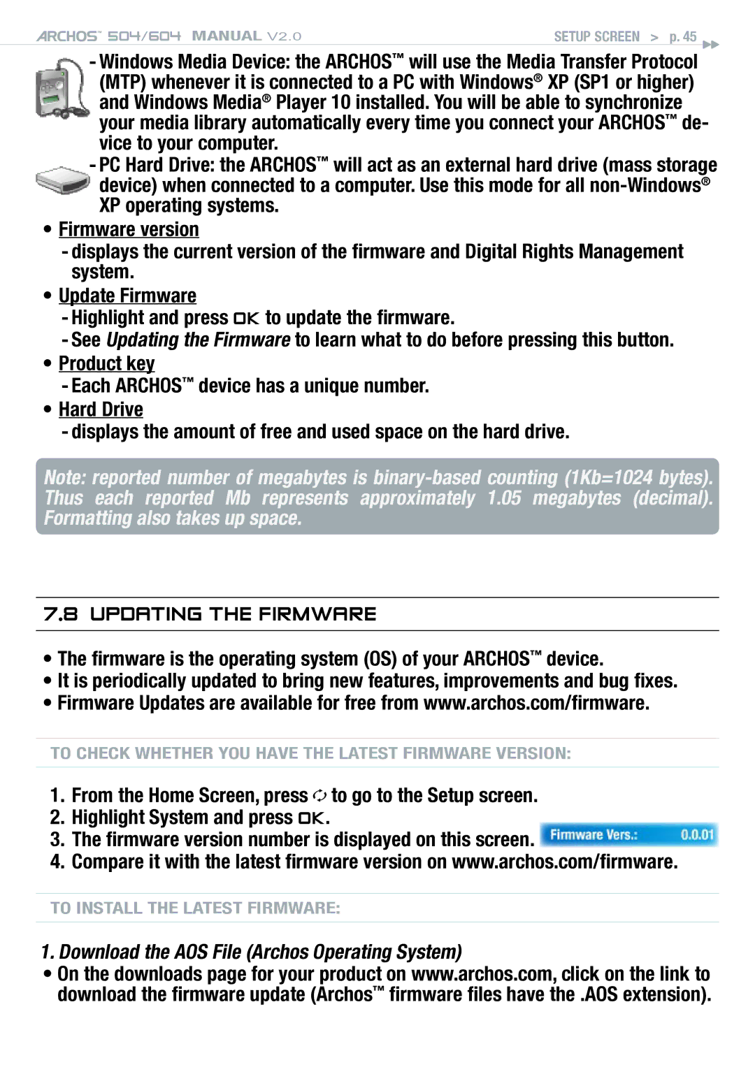 Archos 504 user manual Updating the Firmware, Firmware is the operating system OS of your Archos device 