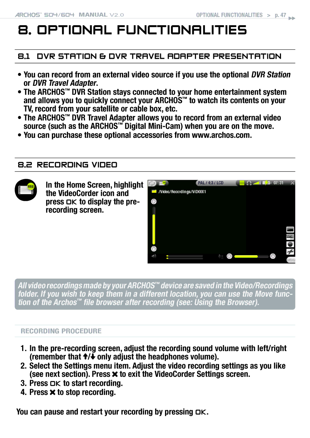 Archos 504 user manual Optional Functionalities, DVR Station & DVR Travel Adapter presentation 