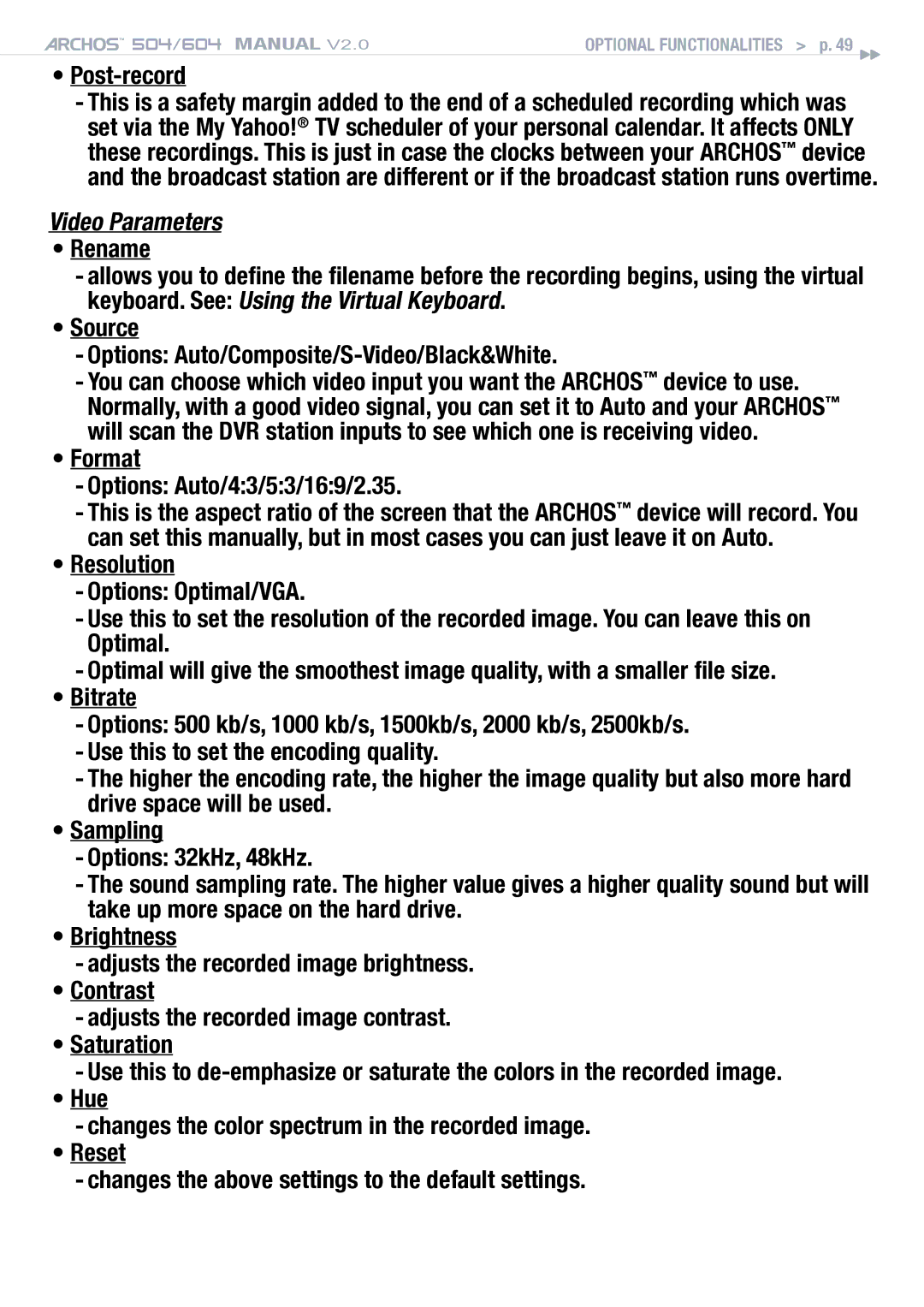 Archos 504 user manual Post-record, Video Parameters, Format Options Auto/43/53/169/2.35 