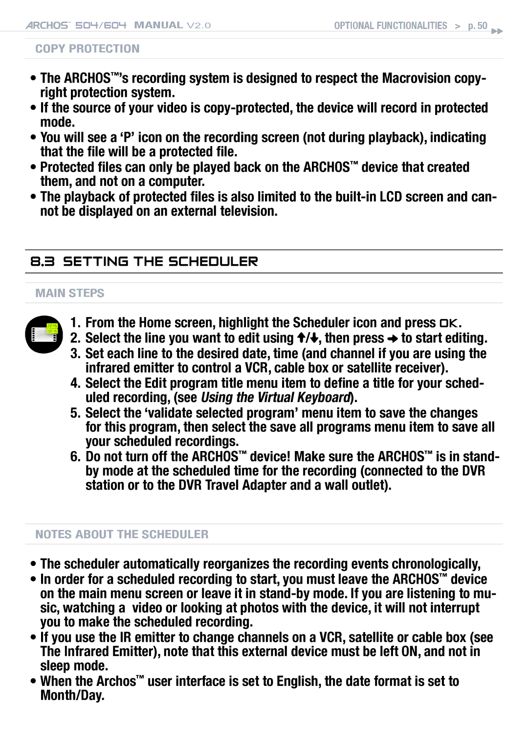 Archos 504 user manual Setting the Scheduler 