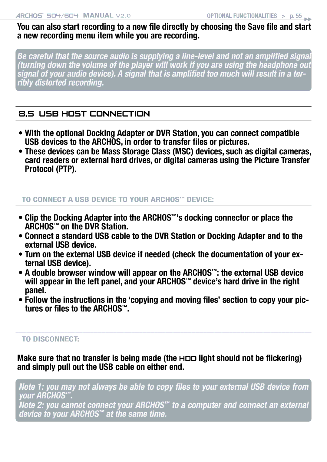 Archos 504 user manual USB Host Connection 