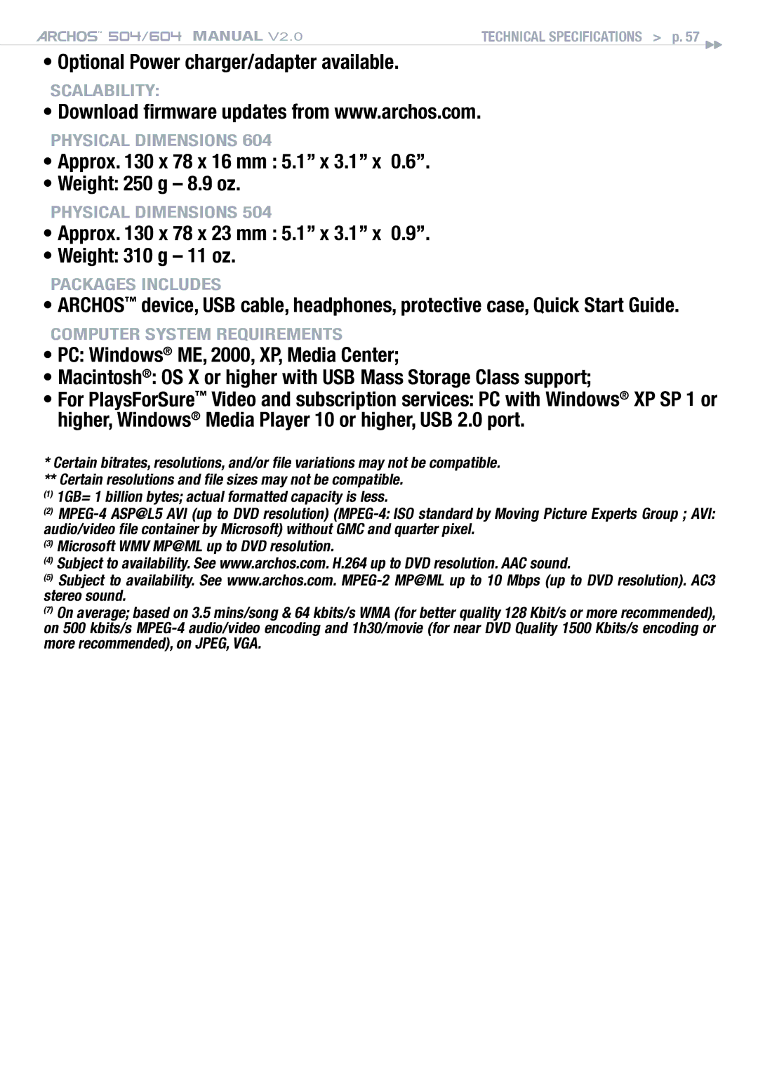 Archos 504 user manual Optional Power charger/adapter available, Approx x 78 x 16 mm 5.1 x 3.1 x Weight 250 g 8.9 oz 