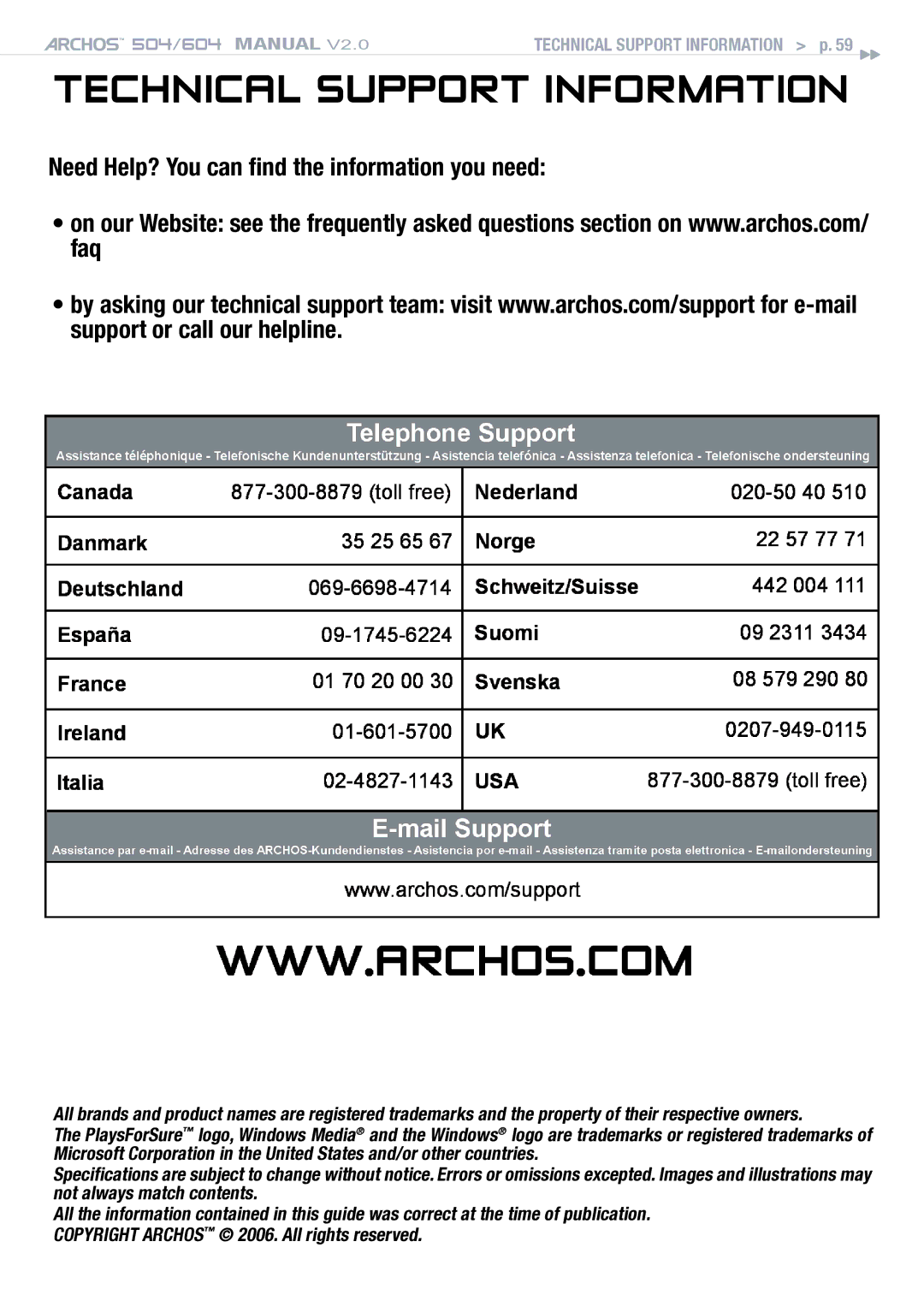 Archos 504 user manual Technical Support information, Need Help? You can find the information you need 