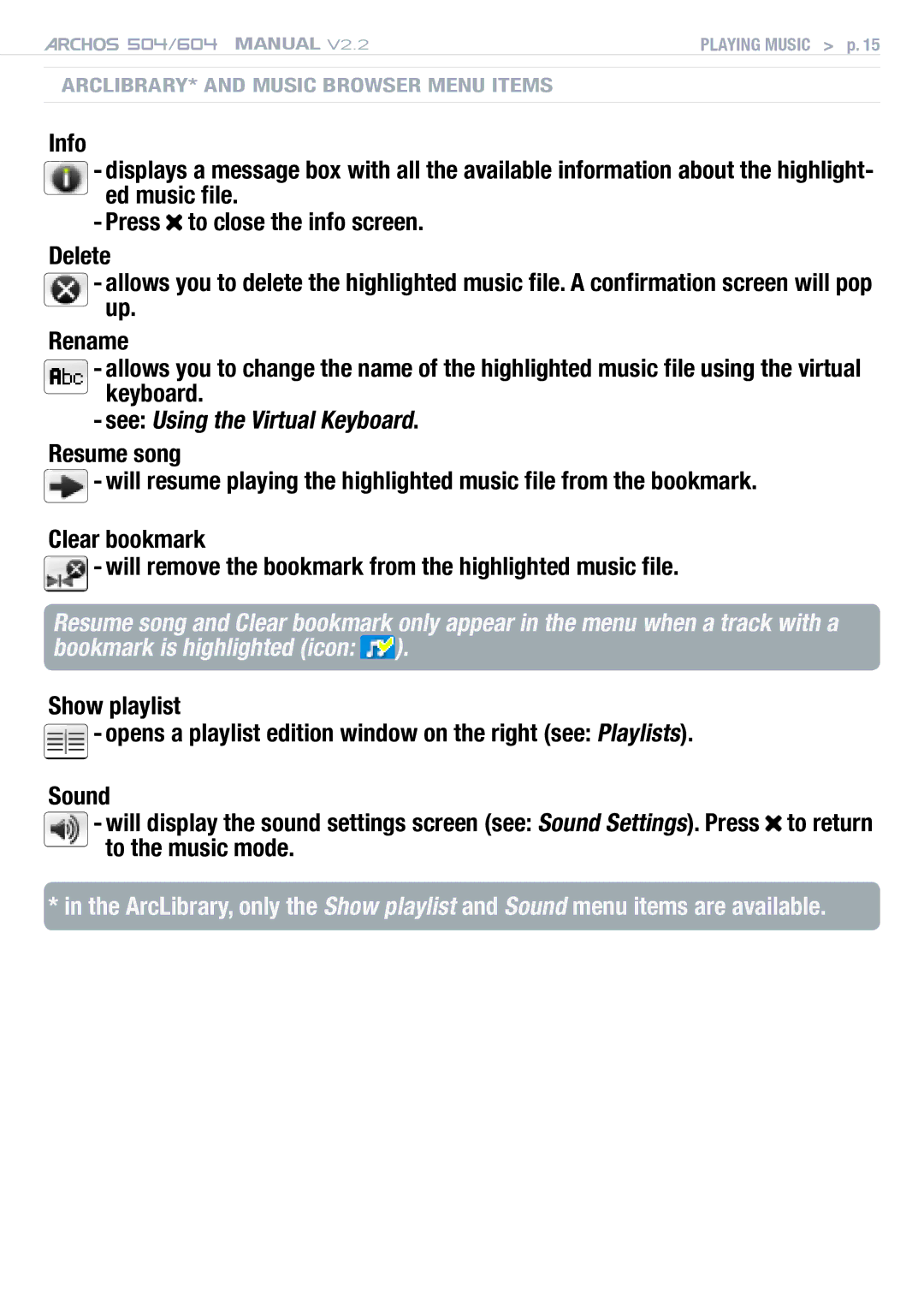 Archos 604 user manual ARCLibrary* and Music Browser Menu Items 