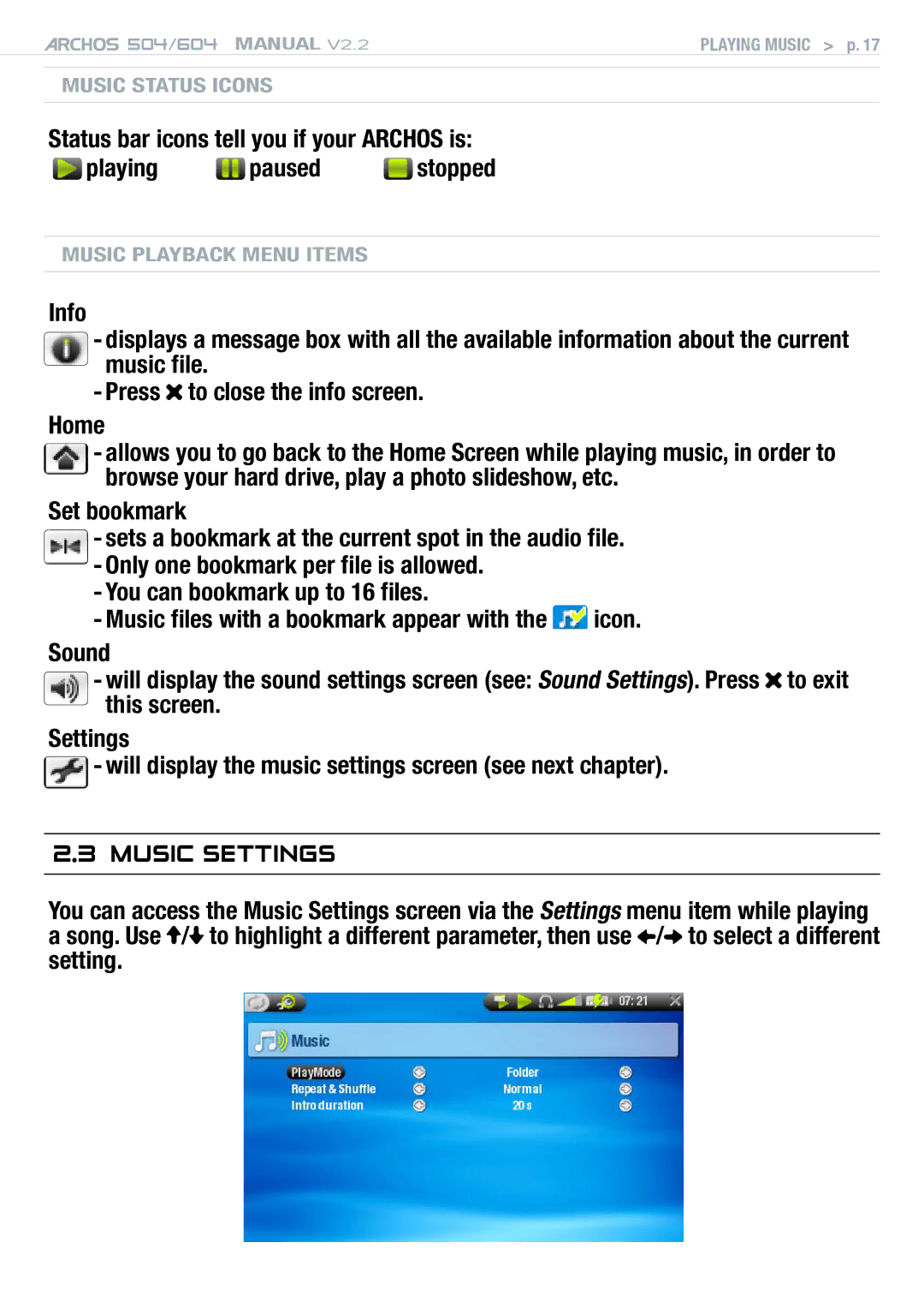 Archos 604 user manual Music Settings 