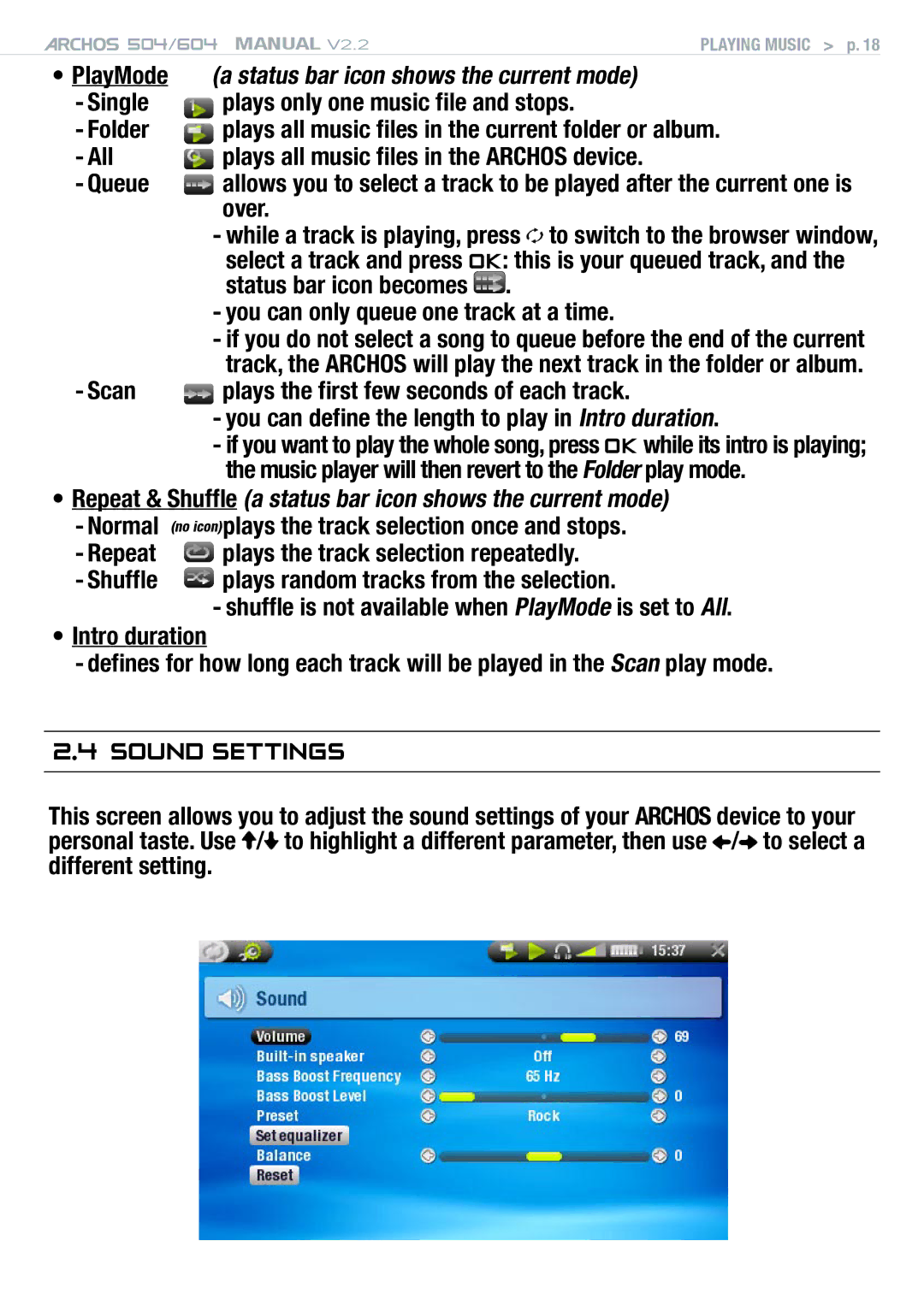 Archos 604 user manual Sound Settings, PlayMode a status bar icon shows the current mode, Over, Scan 