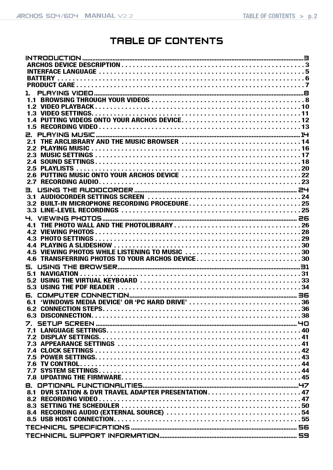 Archos 604 user manual Table Of Contents 