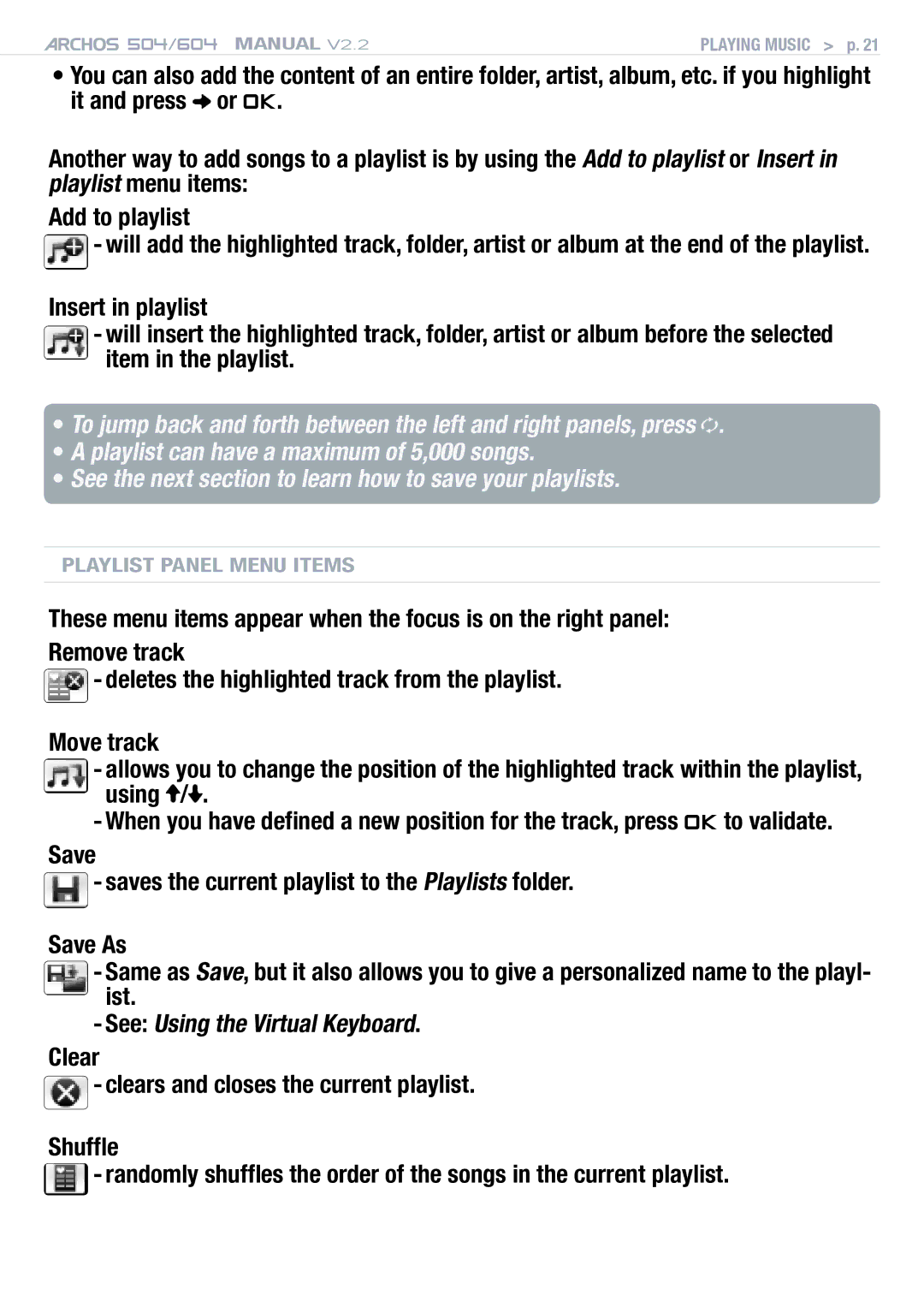 Archos 604 user manual Playlist Panel Menu Items 