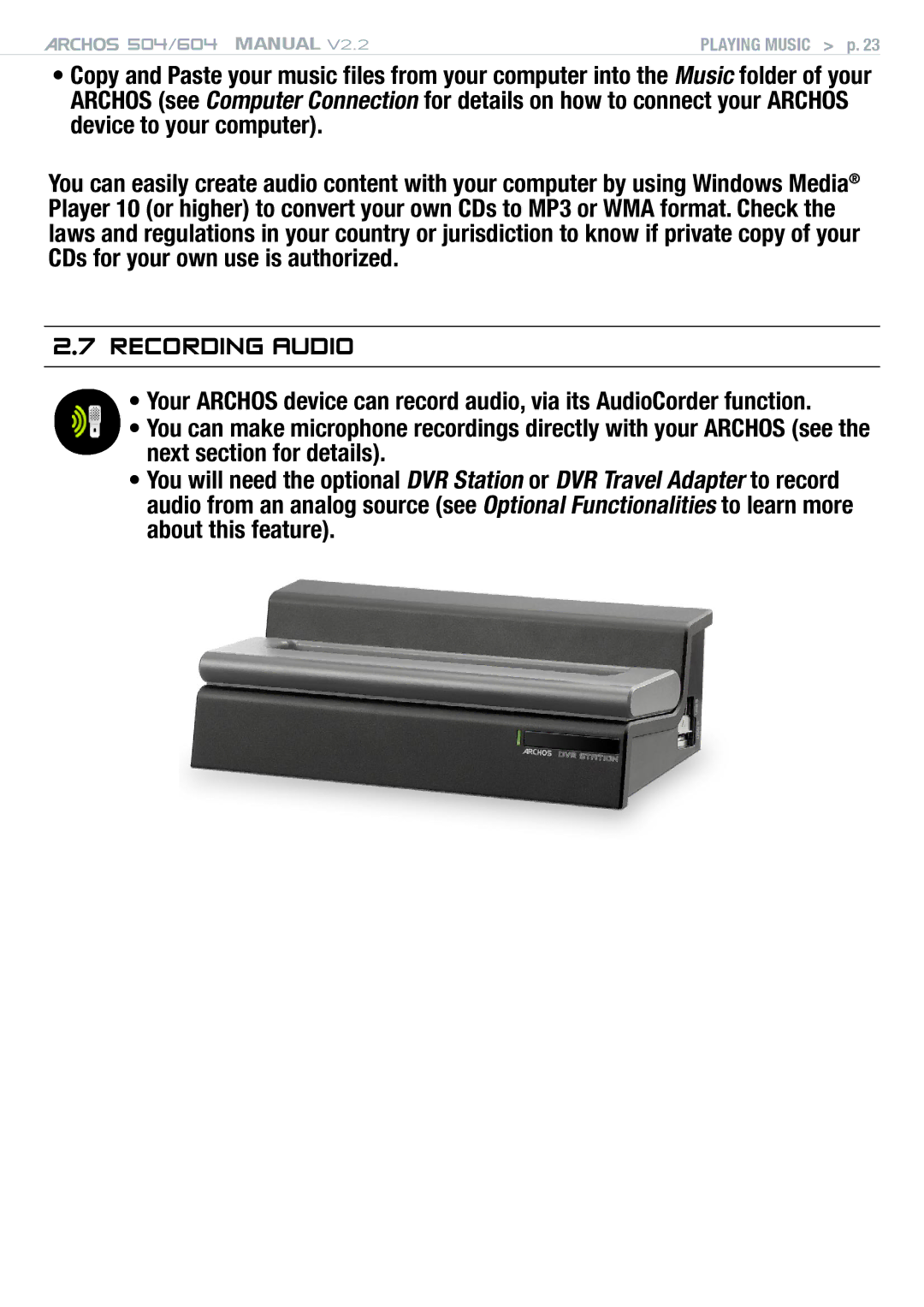 Archos 604 user manual Recording Audio 