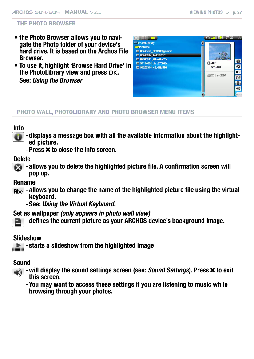 Archos 604 user manual Photo Browser 