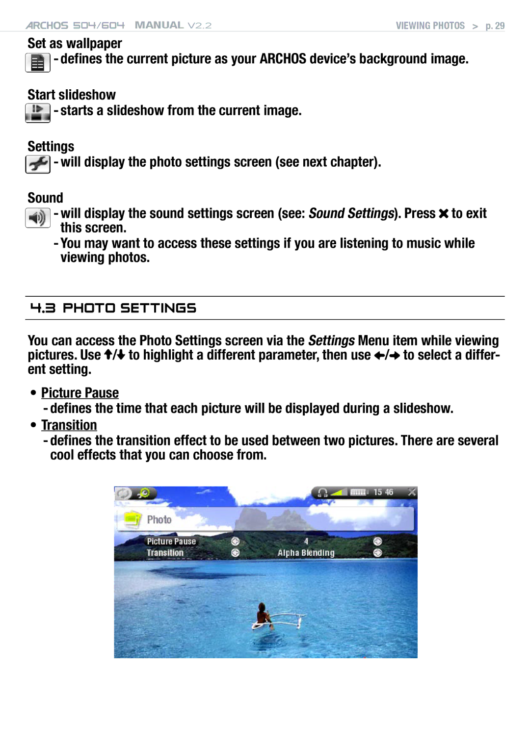 Archos 604 user manual Photo Settings, Set as wallpaper 