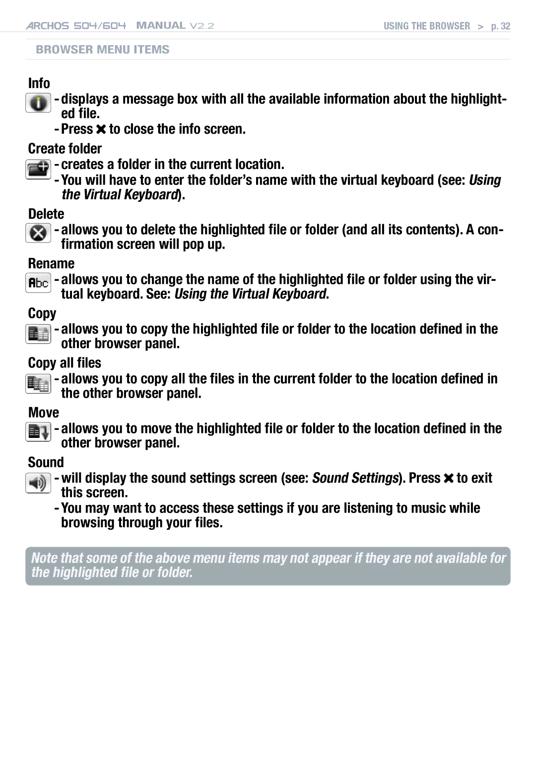 Archos 604 user manual Browser Menu Items 