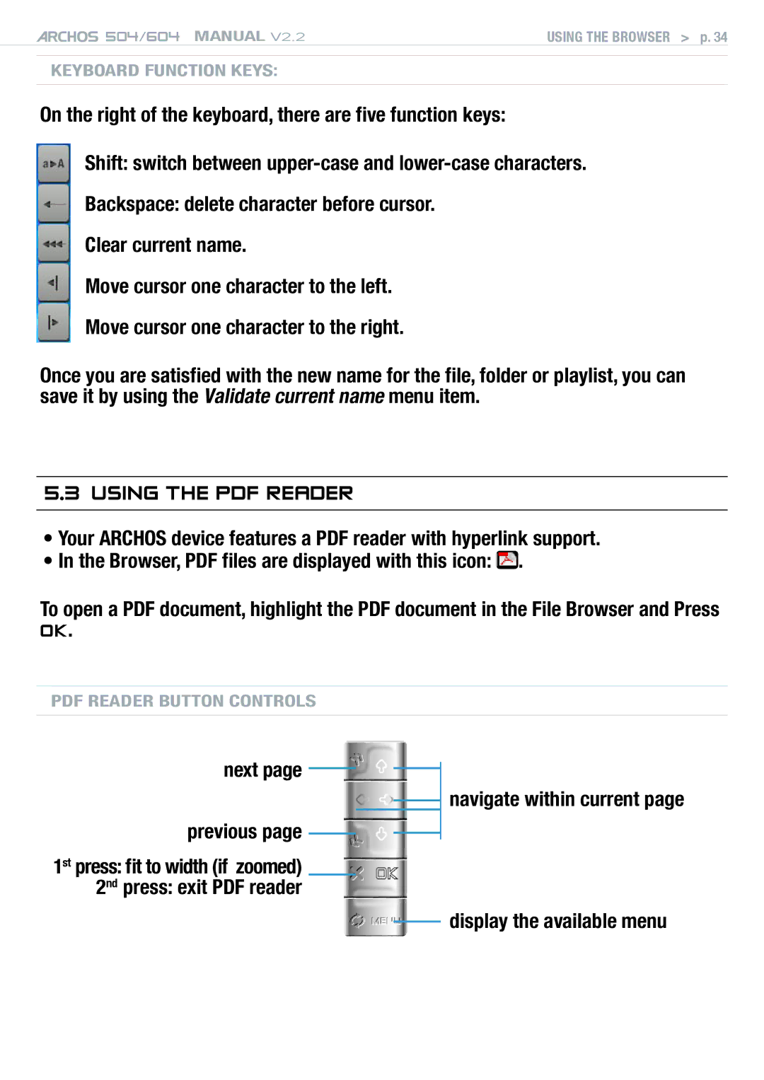 Archos 604 user manual Keyboard Function Keys 