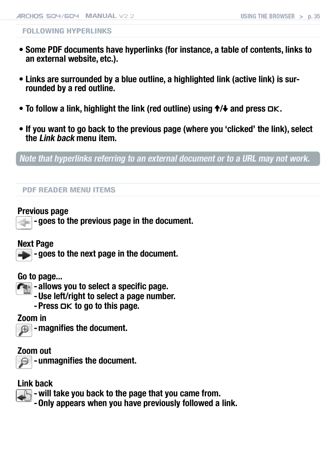 Archos 604 user manual Following Hyperlinks 