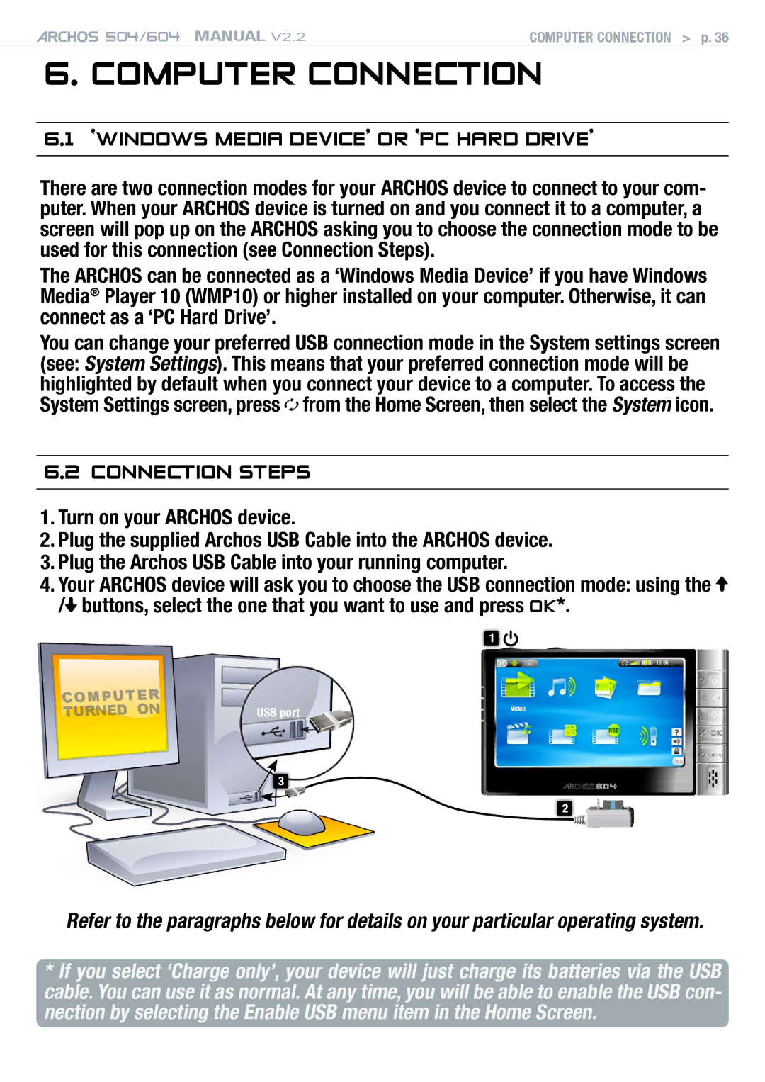 Archos 604 user manual Computer Connection, ‘Windows Media Device’ or ‘PC Hard Drive’, Connection Steps 