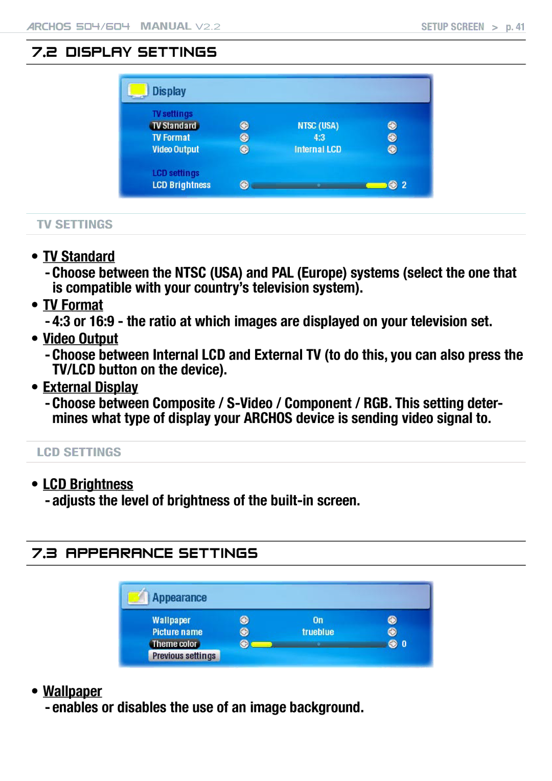 Archos 604 user manual Display Settings, Appearance settings, TV Standard, TV Format 