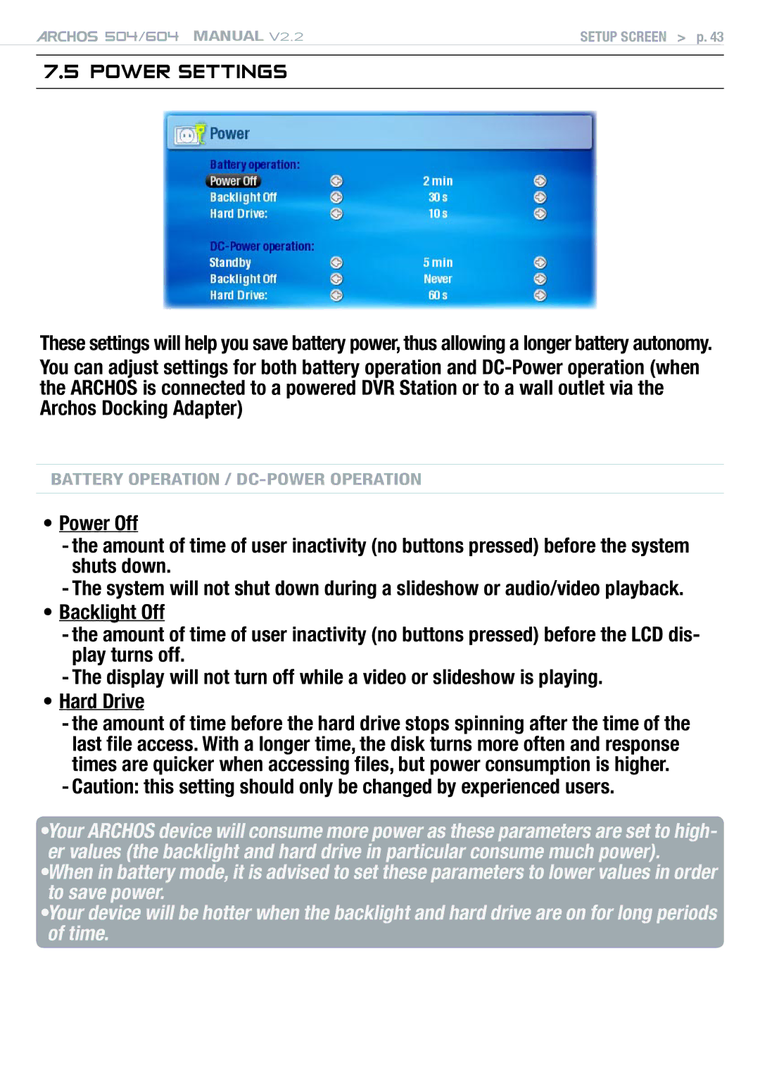 Archos 604 user manual Power Settings 