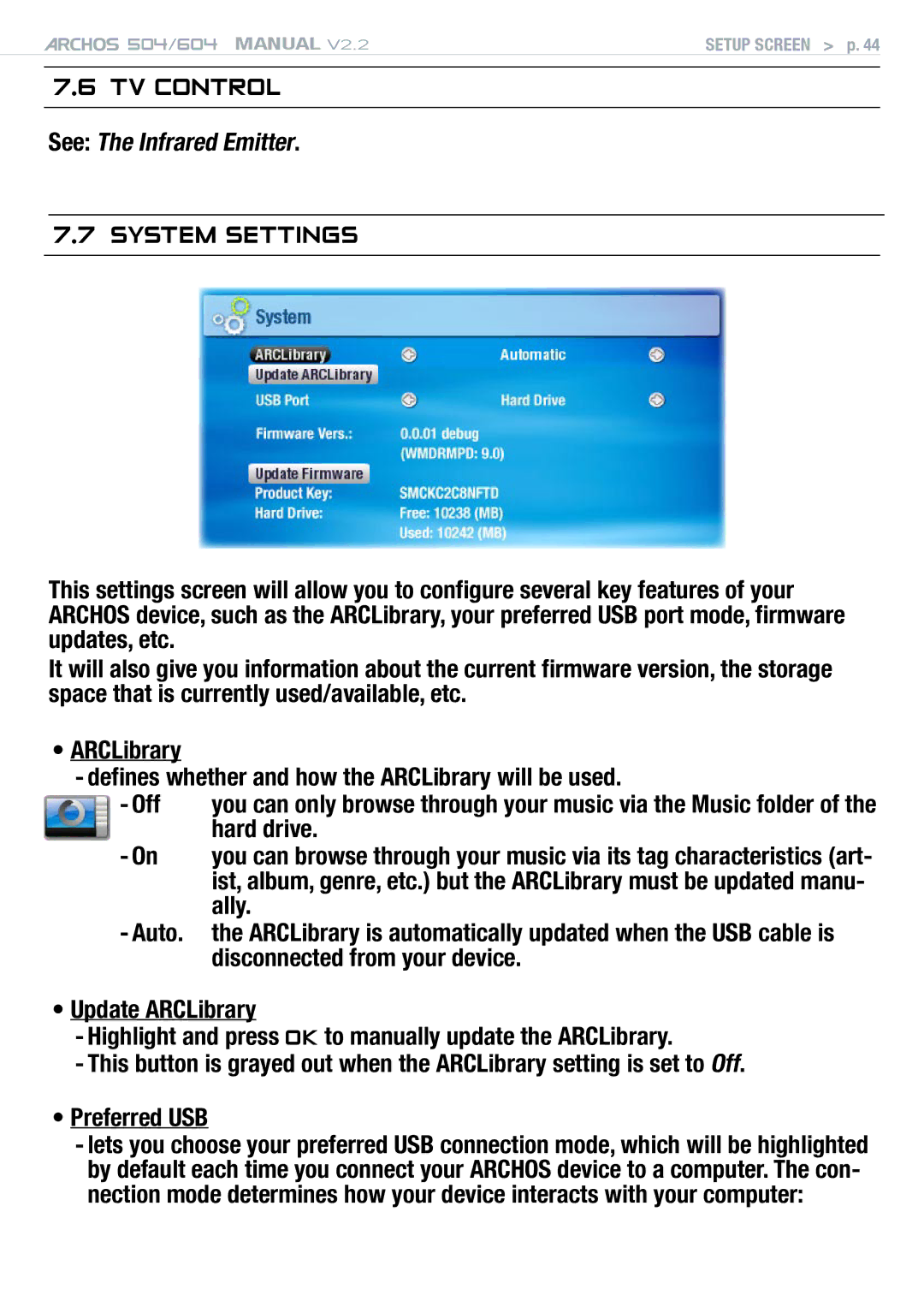 Archos 604 user manual TV control, System Settings, See The Infrared Emitter, Ally 