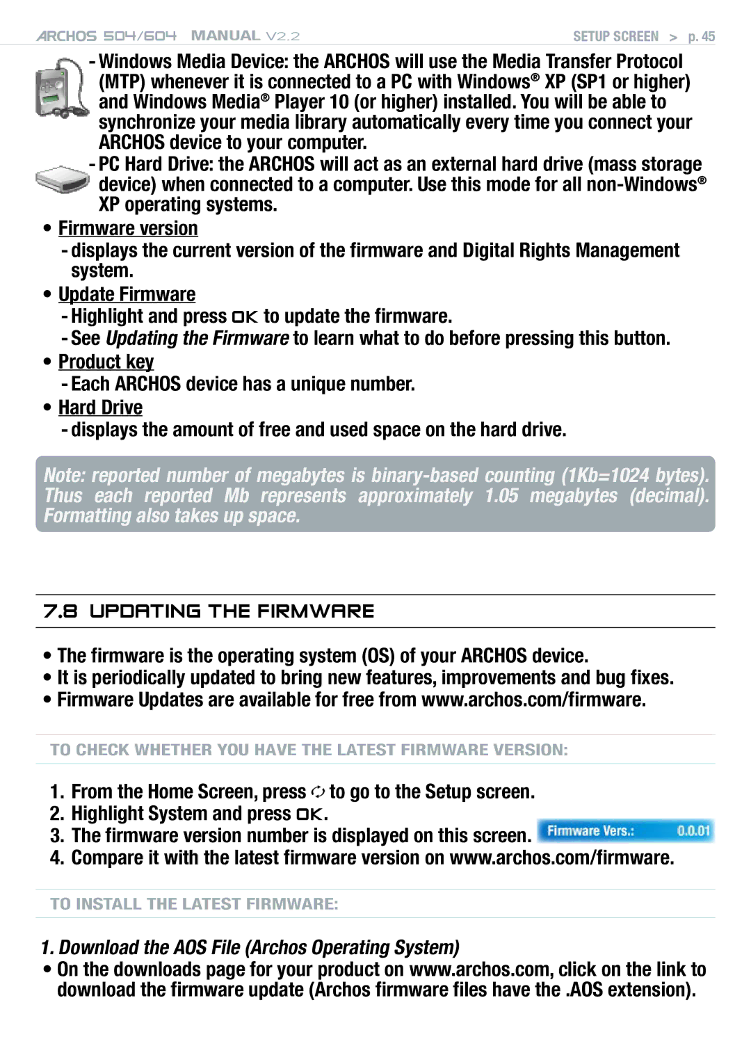 Archos 604 user manual Updating the Firmware, Firmware is the operating system OS of your Archos device 