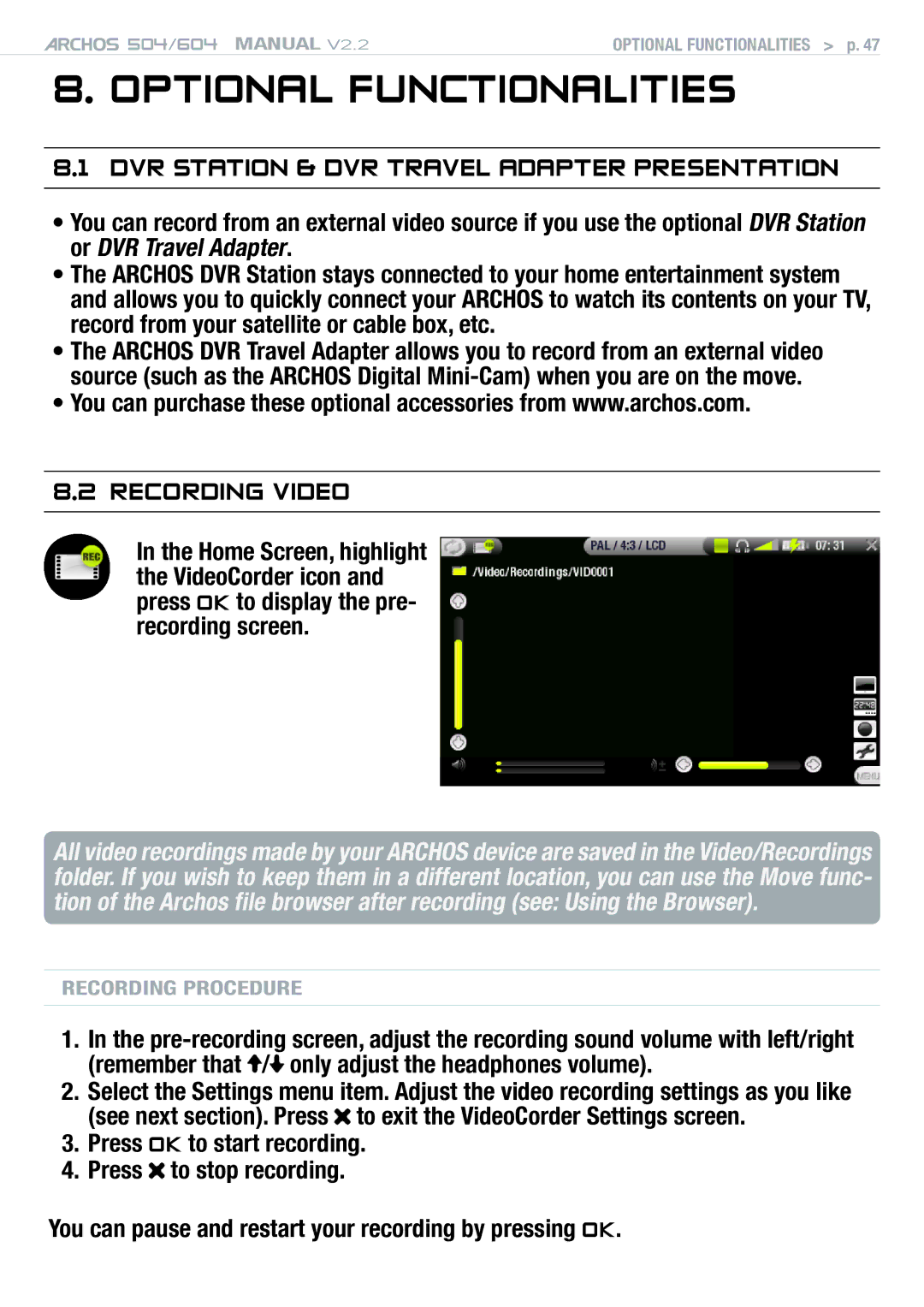 Archos 604 user manual Optional Functionalities, DVR Station & DVR Travel Adapter presentation 