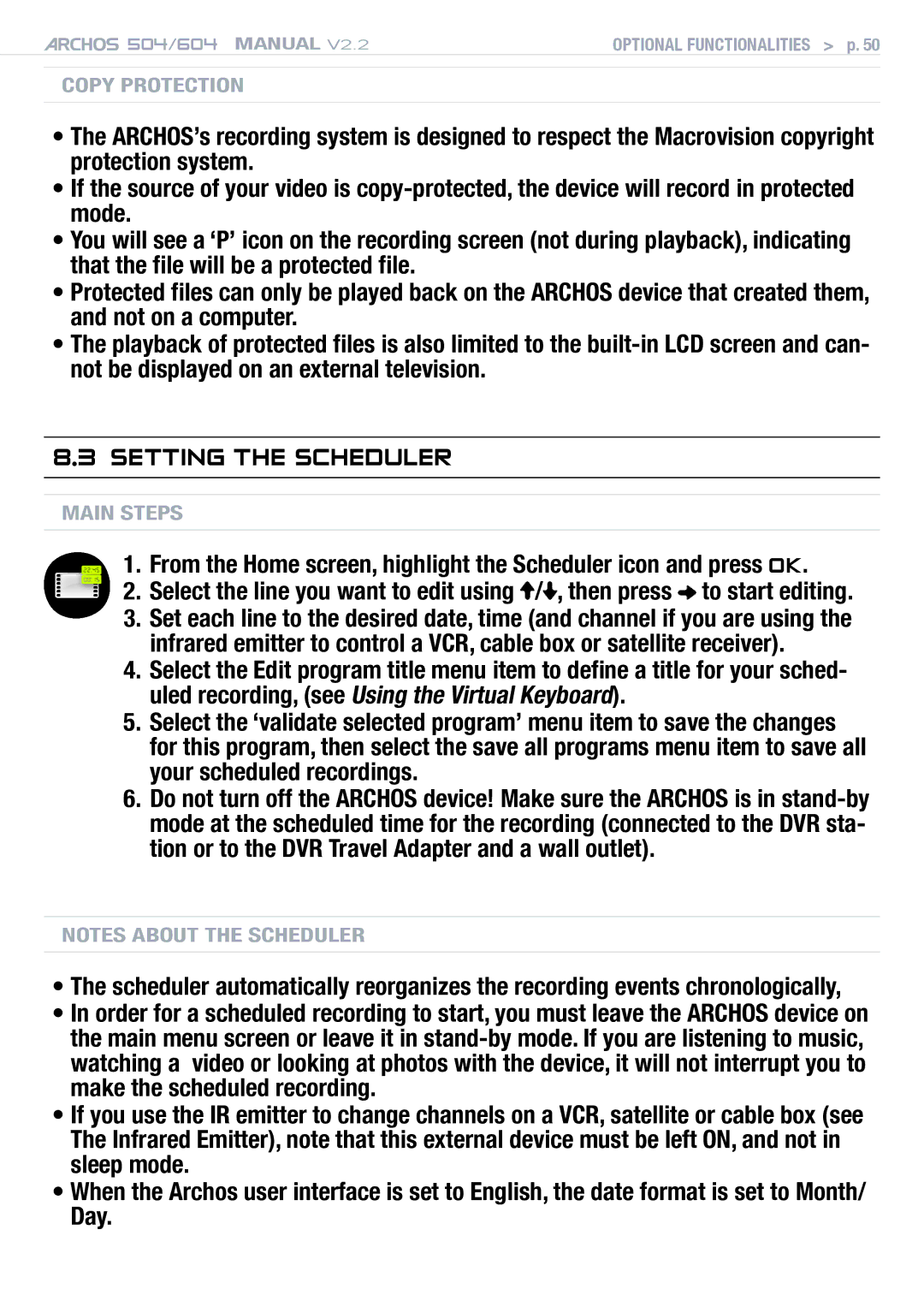 Archos 604 user manual Setting the Scheduler 