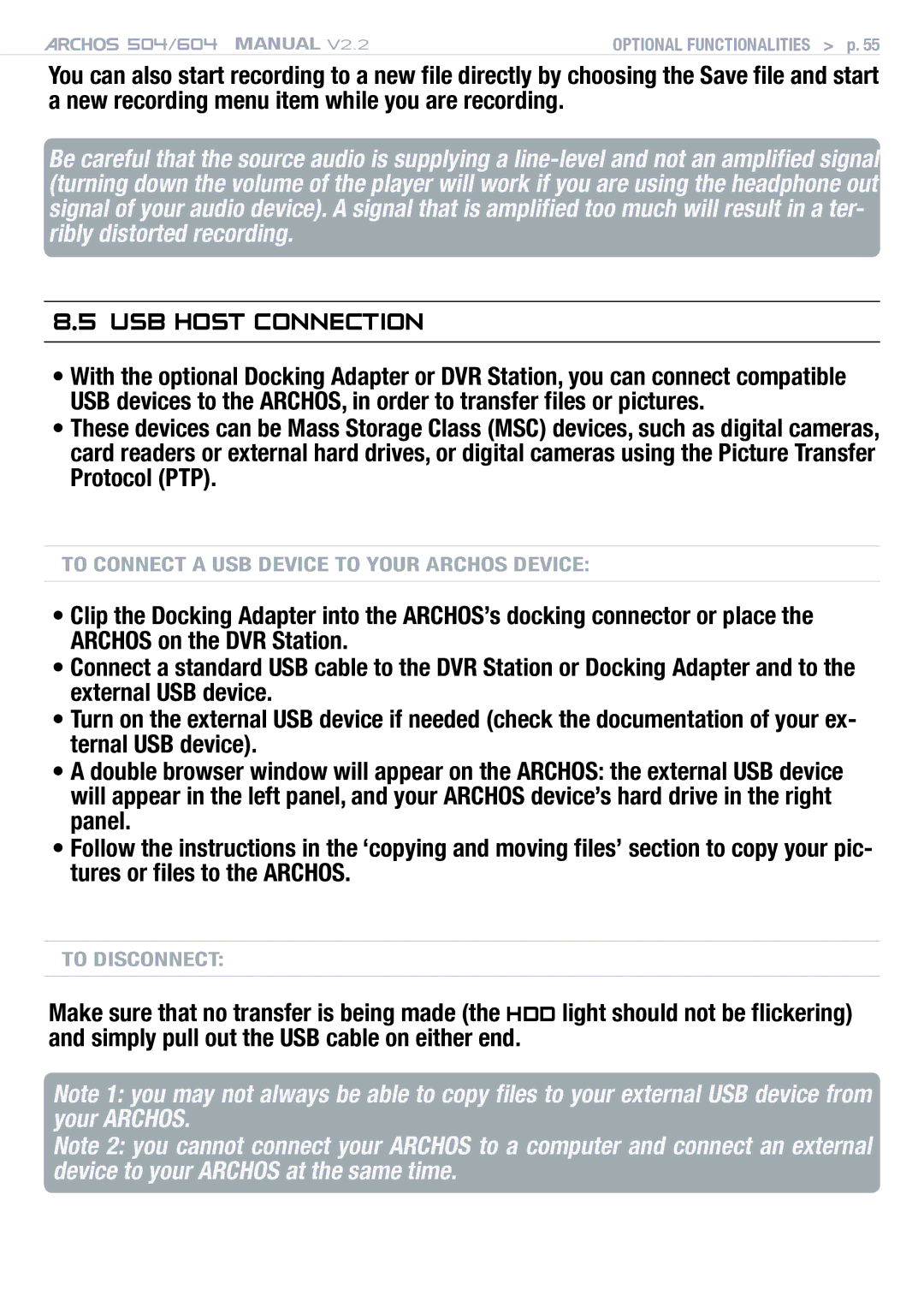 Archos 604 user manual USB Host Connection 