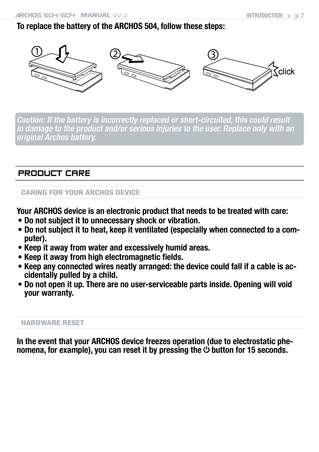 Archos 604 user manual Product Care, To replace the battery of the Archos 504, follow these steps 