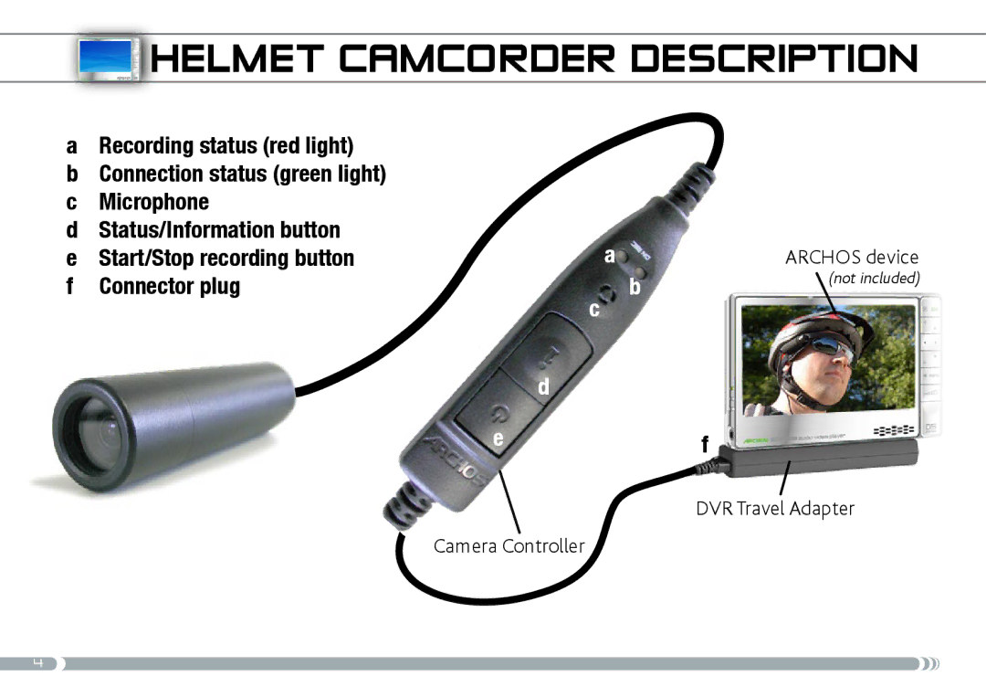 Archos 605 manual Helmet CamCorder description, Recording status red light 