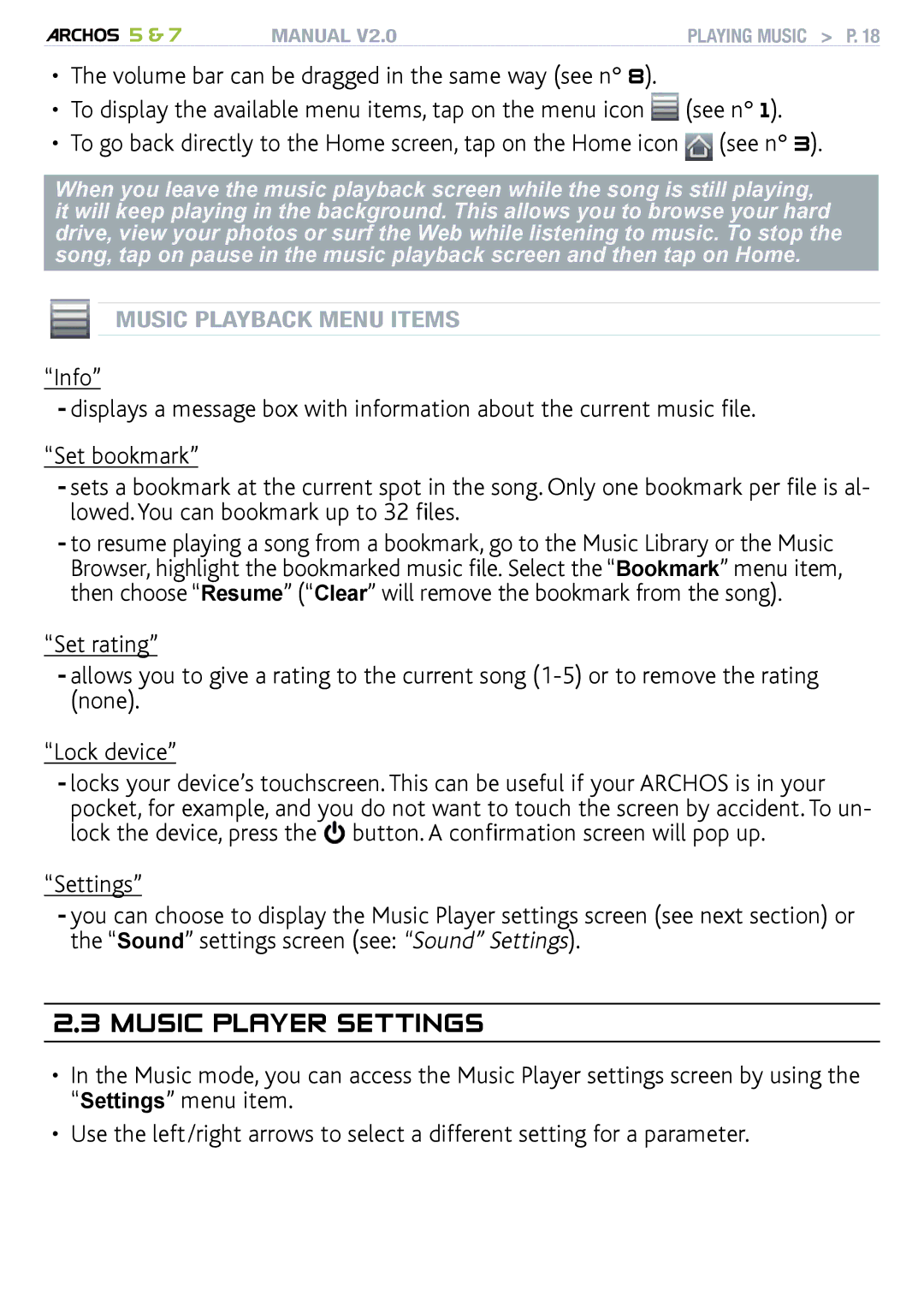 Archos 501308, R501313, 501570 user manual Music player Settings 