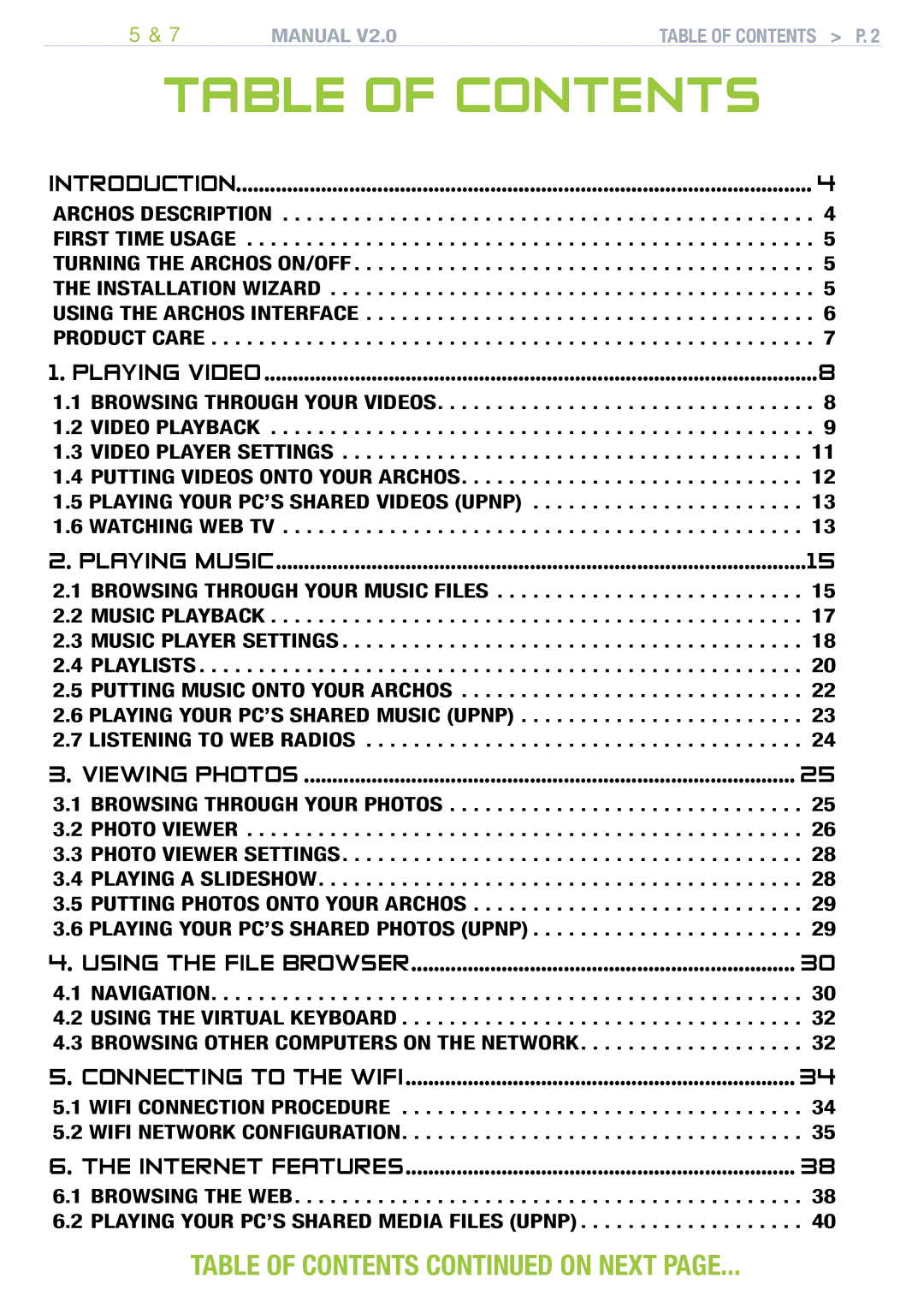 Archos 501308, R501313, 501570 user manual Table Of Contents 