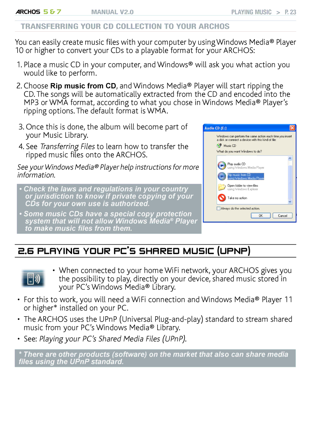 Archos 501570, R501313, 501308 user manual Playing your pc’s shared music UpnP, See Playing your PC’s Shared Media Files UPnP 