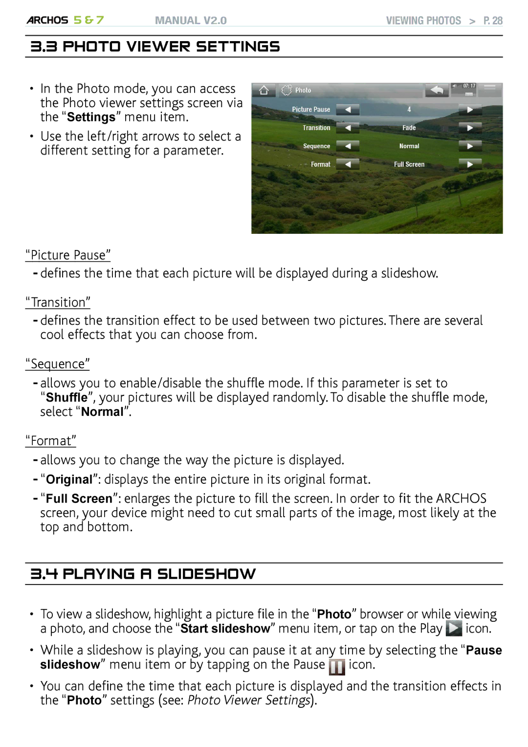 Archos R501313, 501308, 501570 user manual Photo Viewer Settings, Playing a slideshow 