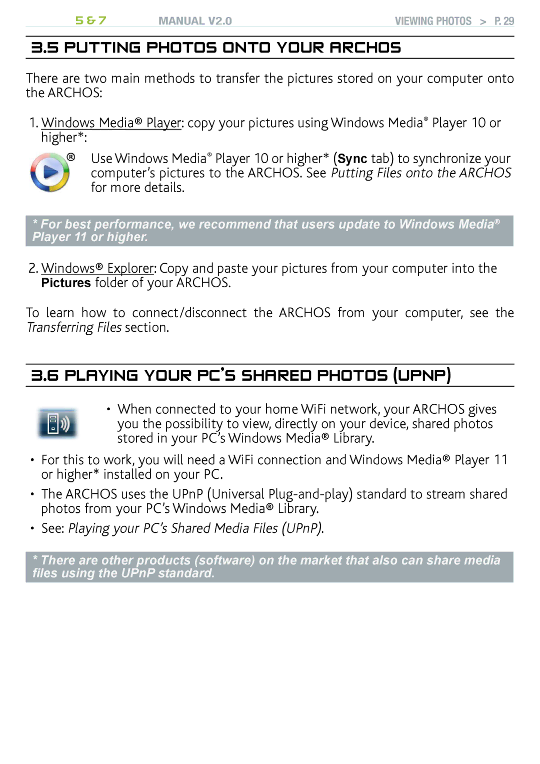 Archos R501313, 501308, 501570 user manual Putting photos onto your Archos, Playing your pc’s shared photos UpNp 