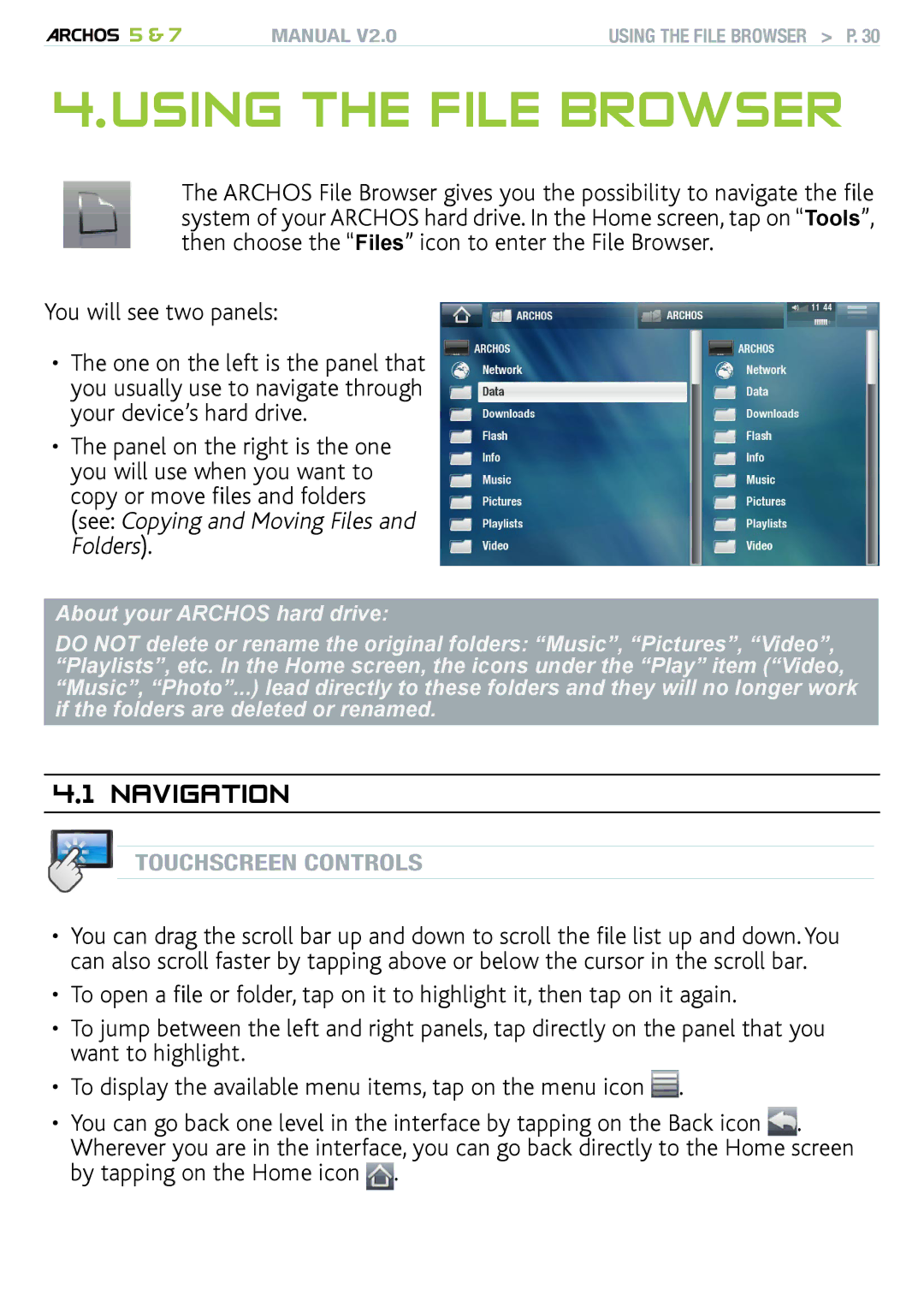 Archos 501308, R501313, 501570 user manual Using the file Browser, Navigation, See Copying and Moving Files and Folders 