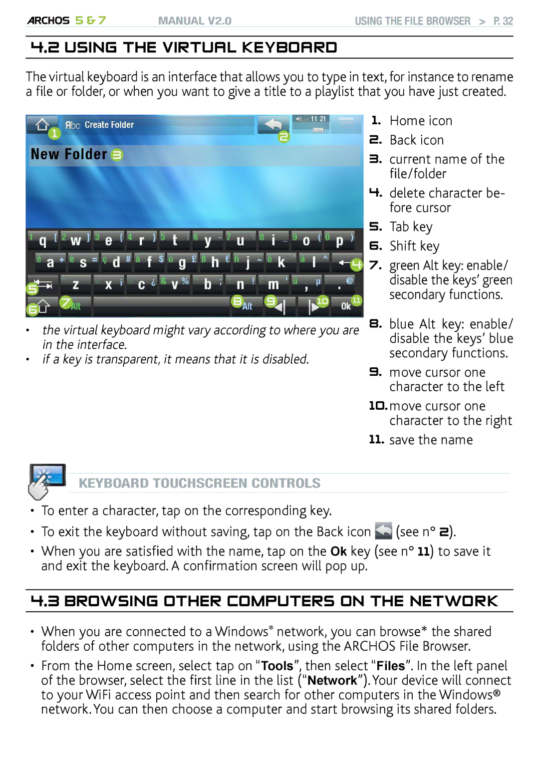 Archos R501313, 501308, 501570 Using the Virtual Keyboard, Browsing Other Computers on the Network, Save the name 