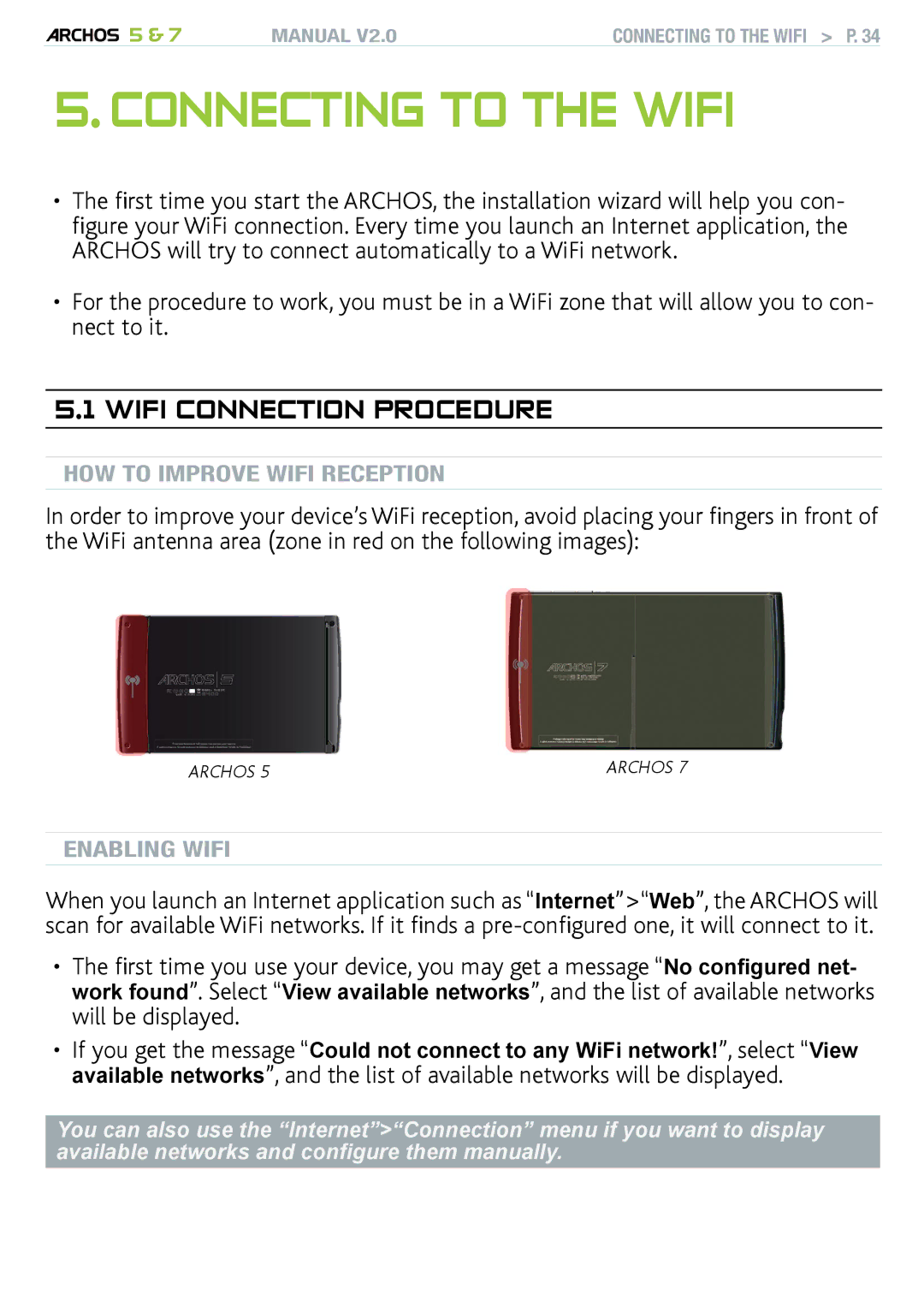 Archos 501308, R501313, 501570 user manual Connecting to the WiFi, WiFi Connection Procedure 