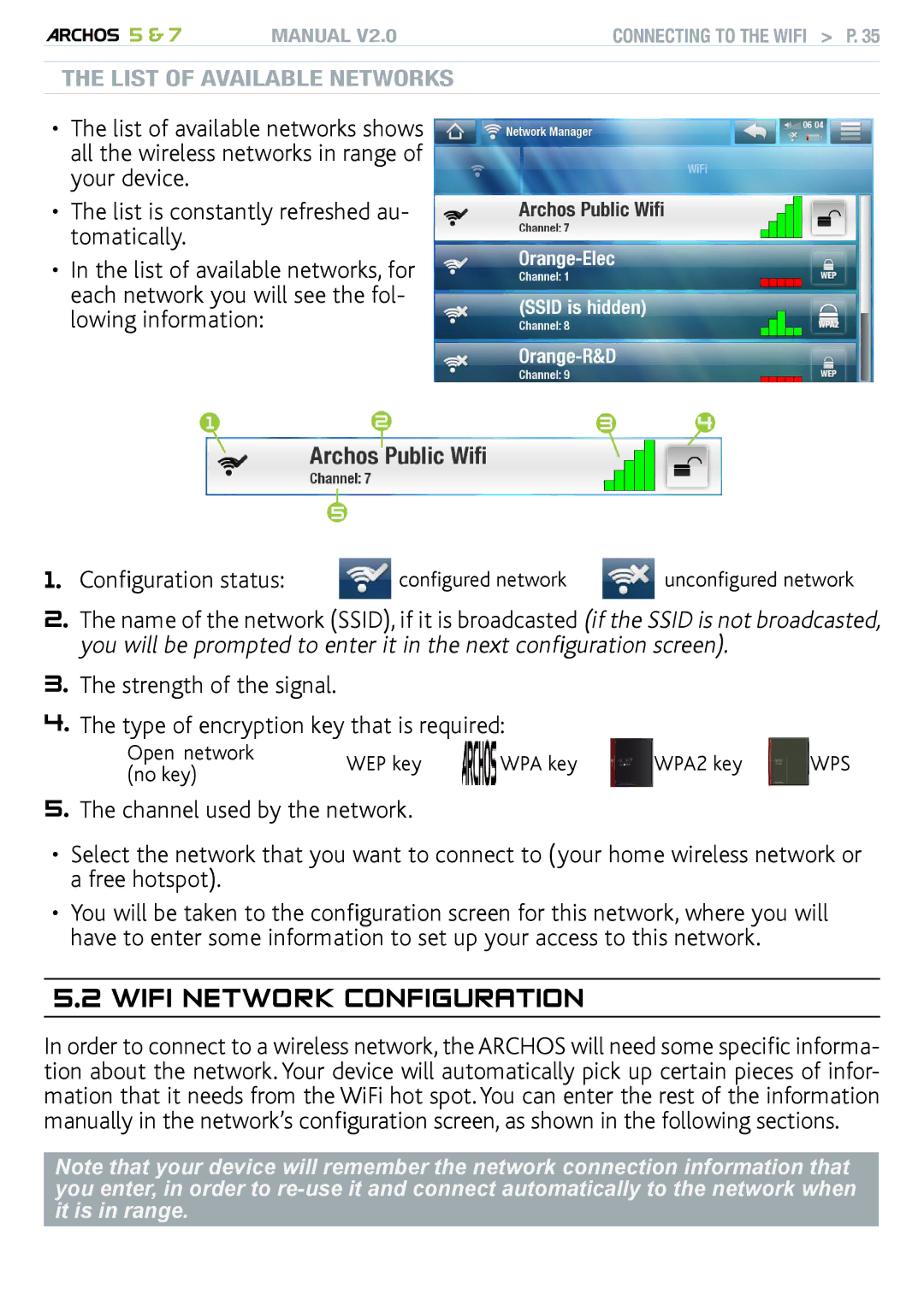 Archos 501570, R501313, 501308 user manual WiFi Network Configuration 