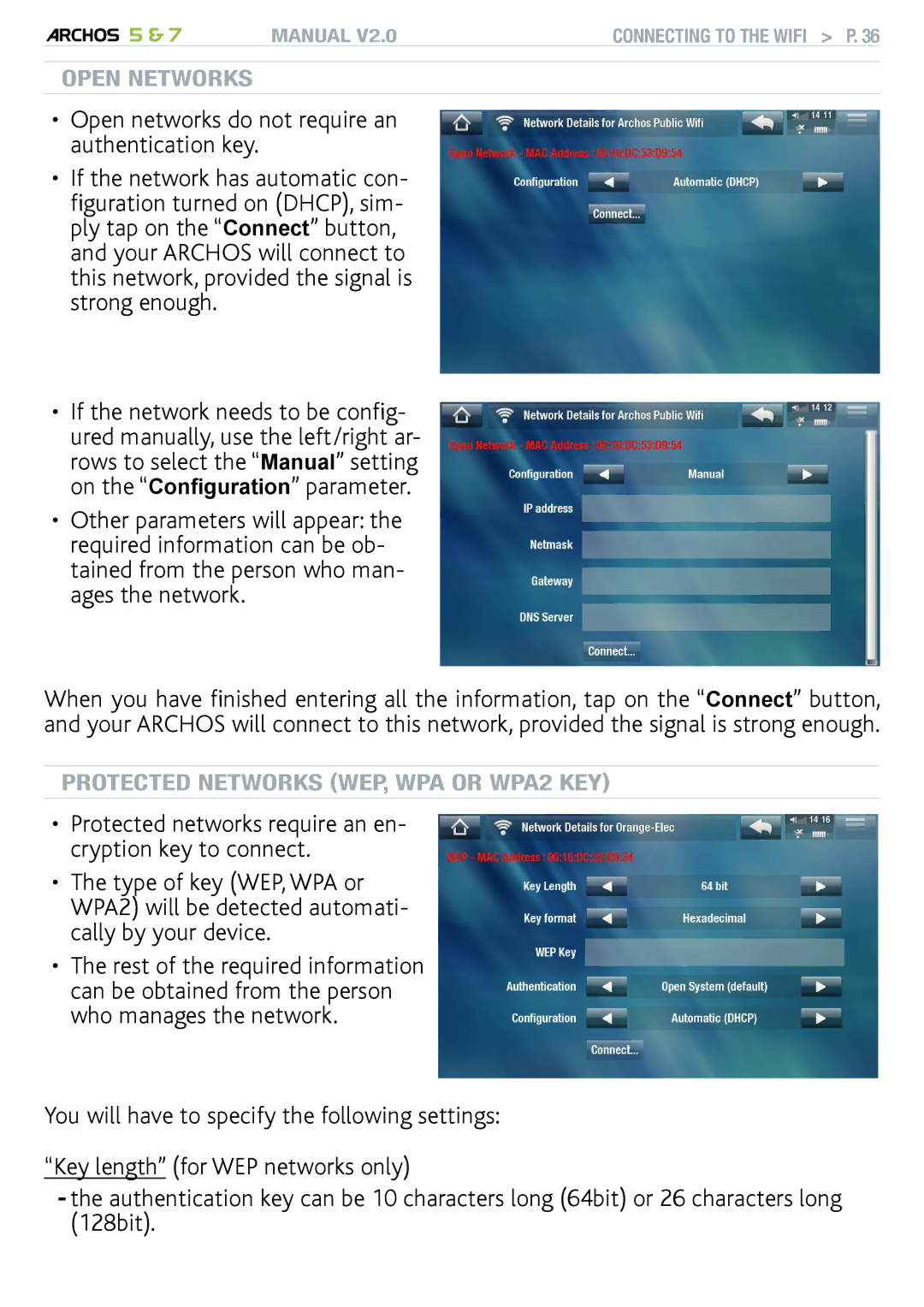 Archos R501313, 501308, 501570 user manual Open networks do not require an authentication key 