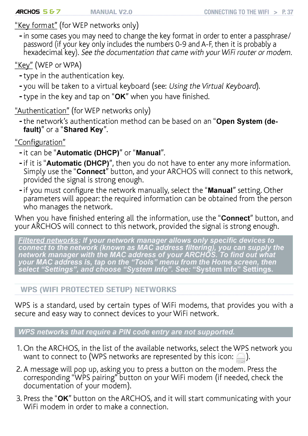 Archos R501313, 501308, 501570 user manual Key format for WEP networks only, Configuration 