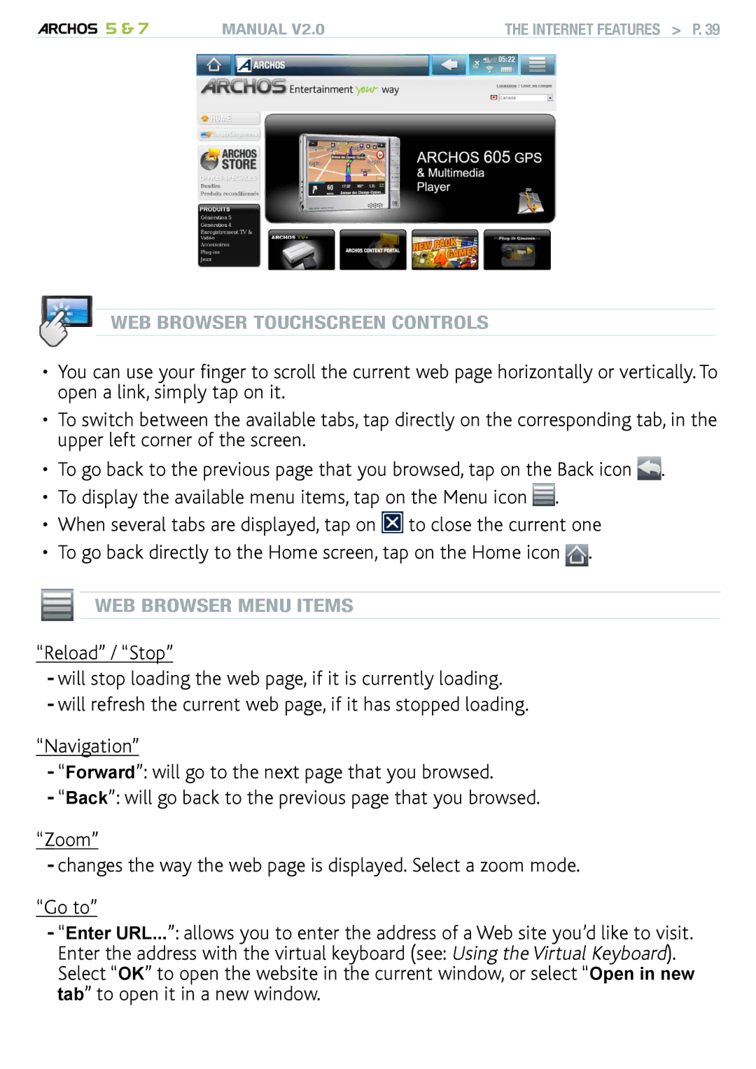 Archos 501570, R501313, 501308 user manual Web browser touchscreen Controls 