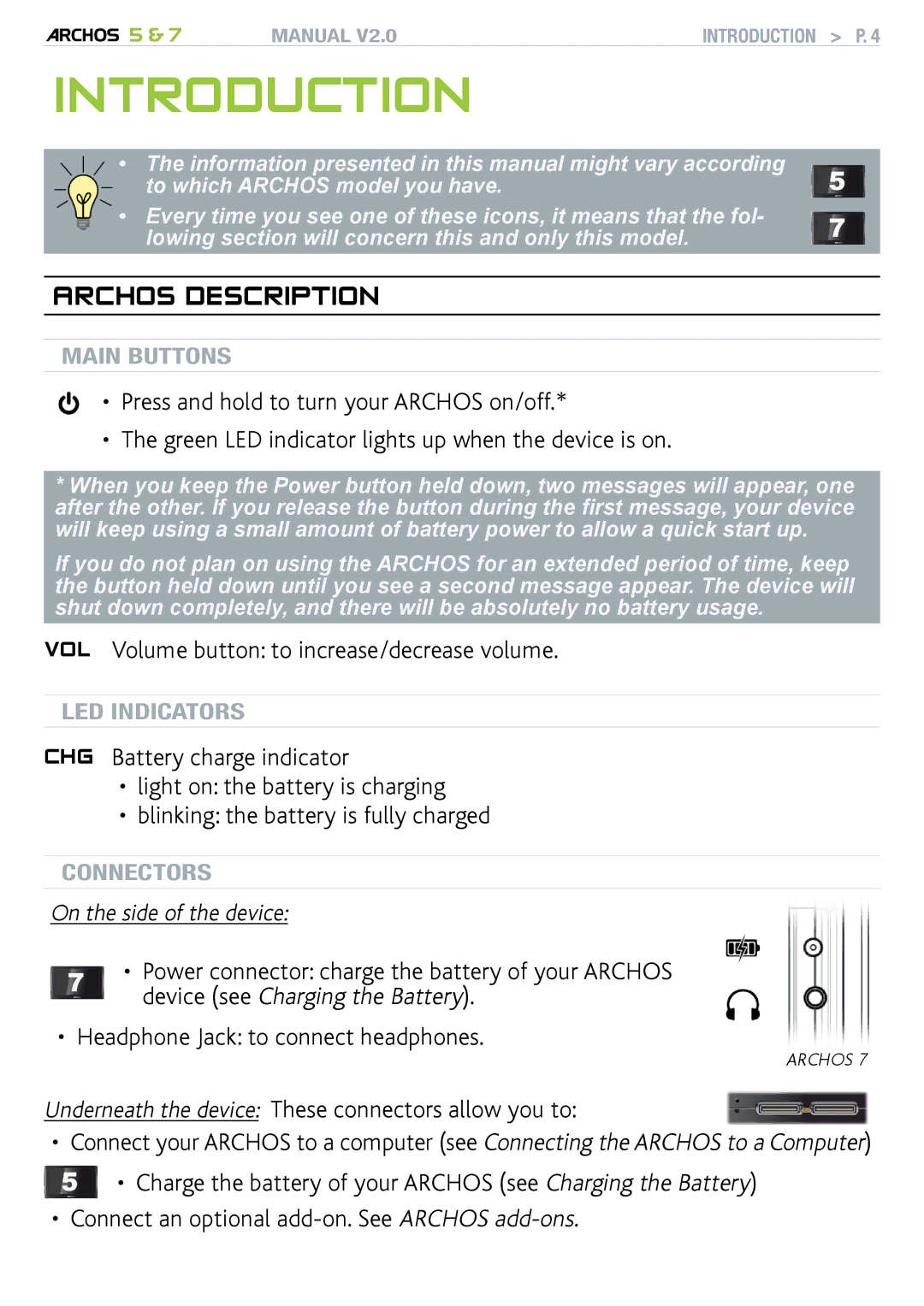 Archos R501313, 501308, 501570 user manual Introduction, Archos description, VOL Volume button to increase/decrease volume 