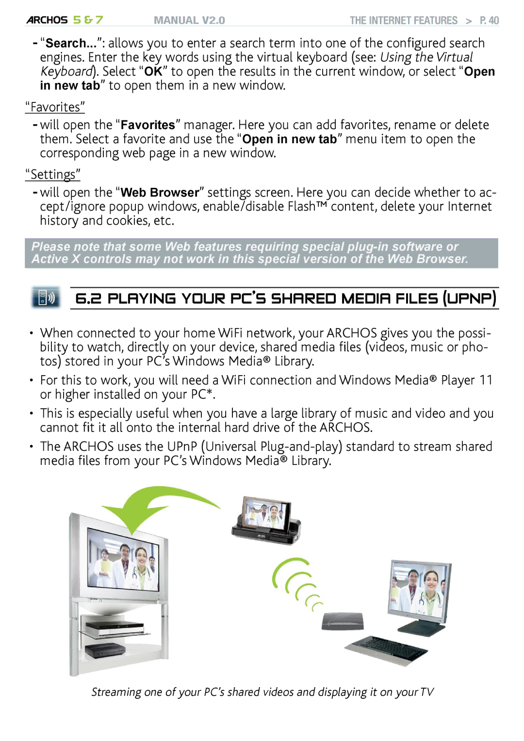 Archos R501313, 501308, 501570 user manual Playing your PC’s Shared Media Files UPnP 