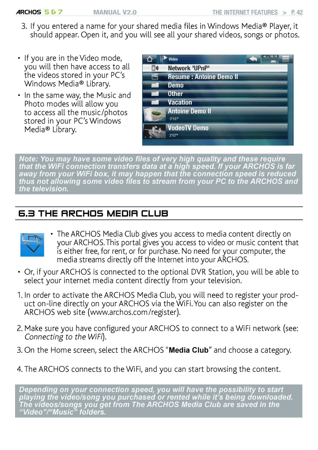 Archos 501308, R501313, 501570 user manual Archos Media Club, Connecting to the WiFi 